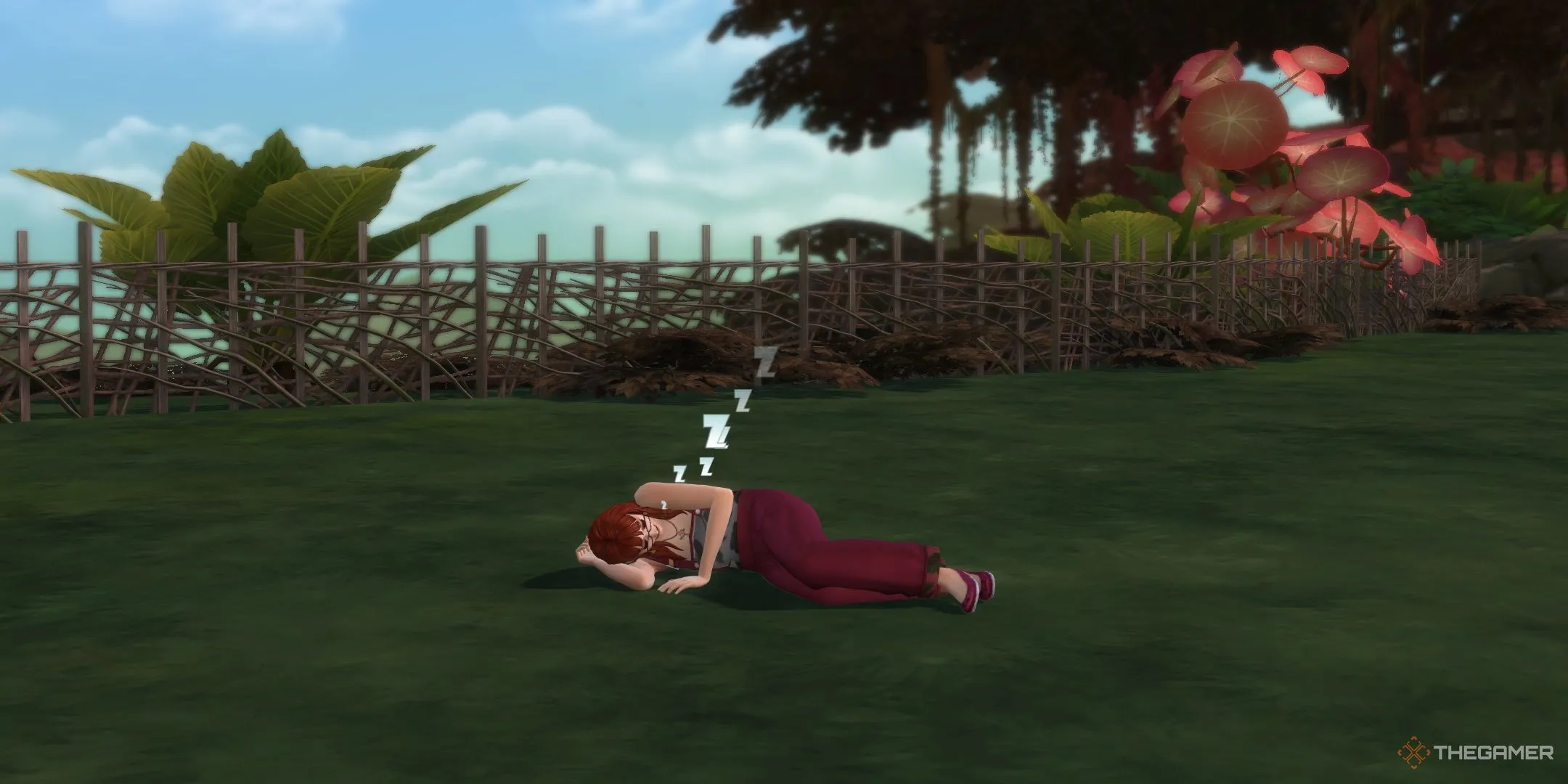 Một Sim đang ngủ trên sàn trong The Sims 4 Enchanted By Nature.