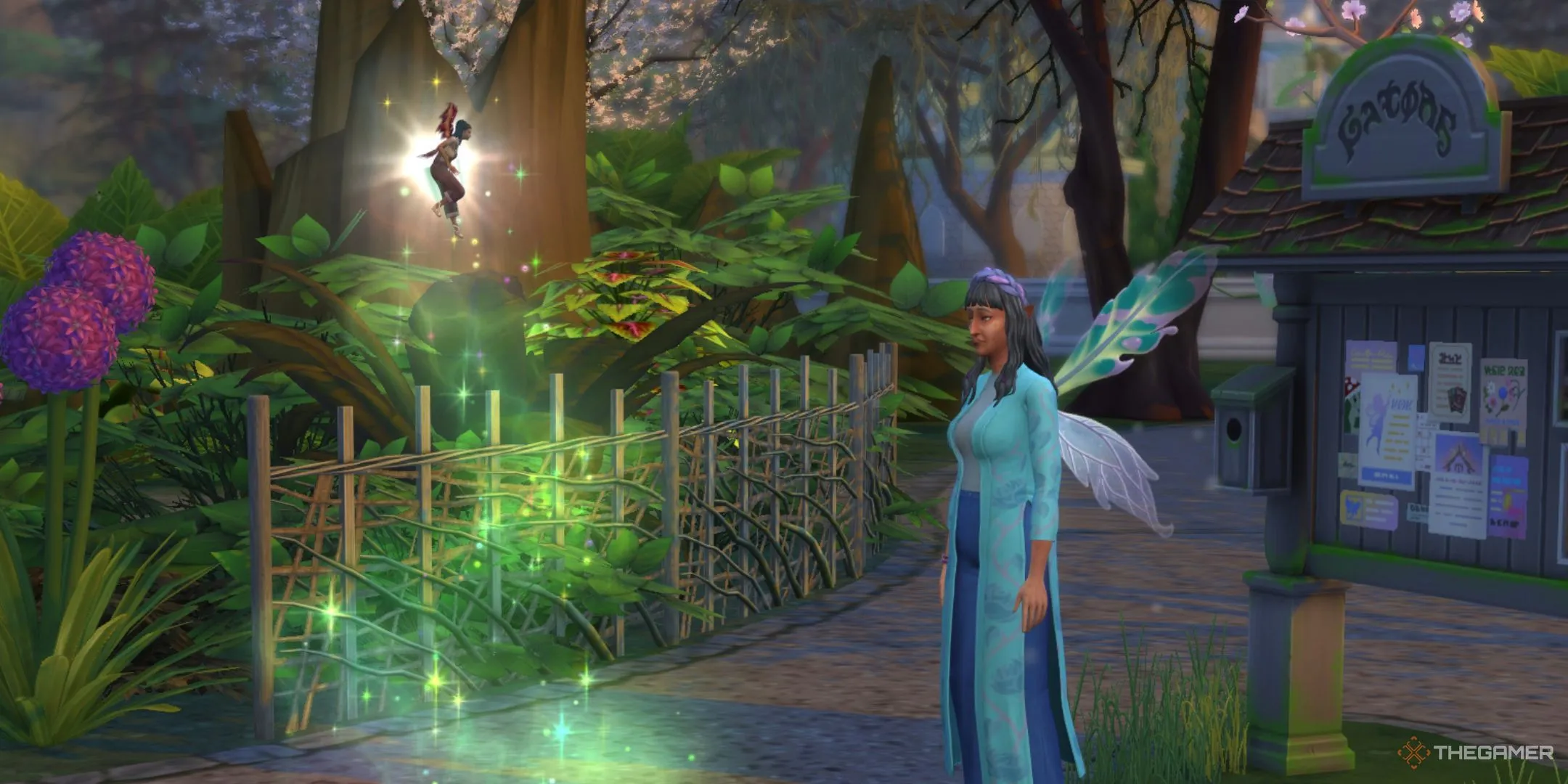 Một Sim đang thu nhỏ lại để chữa trị một Chứng bệnh trong The Sims 4 Enchanted By Nature.
