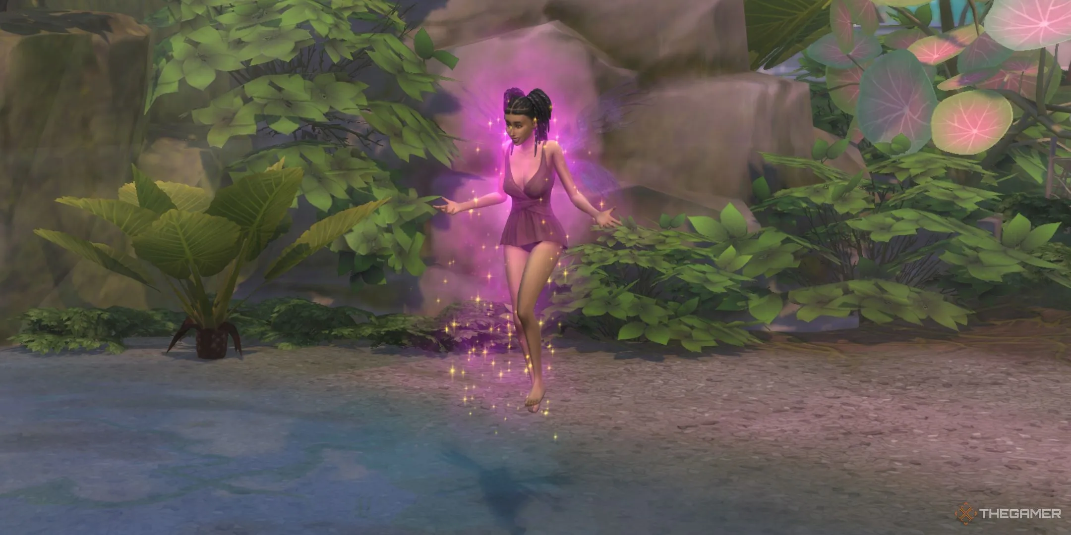 Một Sim Tiên Tộc mọc cánh ở Moondrop Springs trong The Sims 4 Enchanted By Nature.