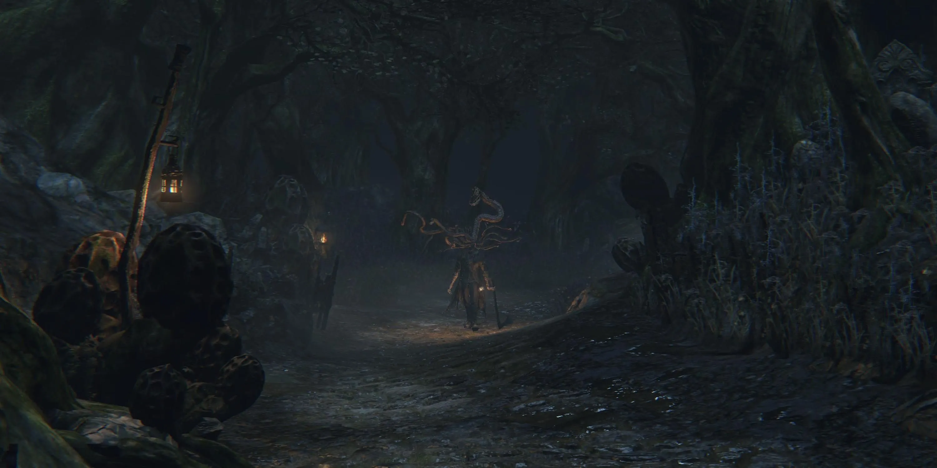 Một Thợ Săn (Hunter) đối mặt với kẻ thù đáng sợ trong Rừng Cấm (Forbidden Woods), thể hiện không khí kinh dị Gothic của Bloodborne.