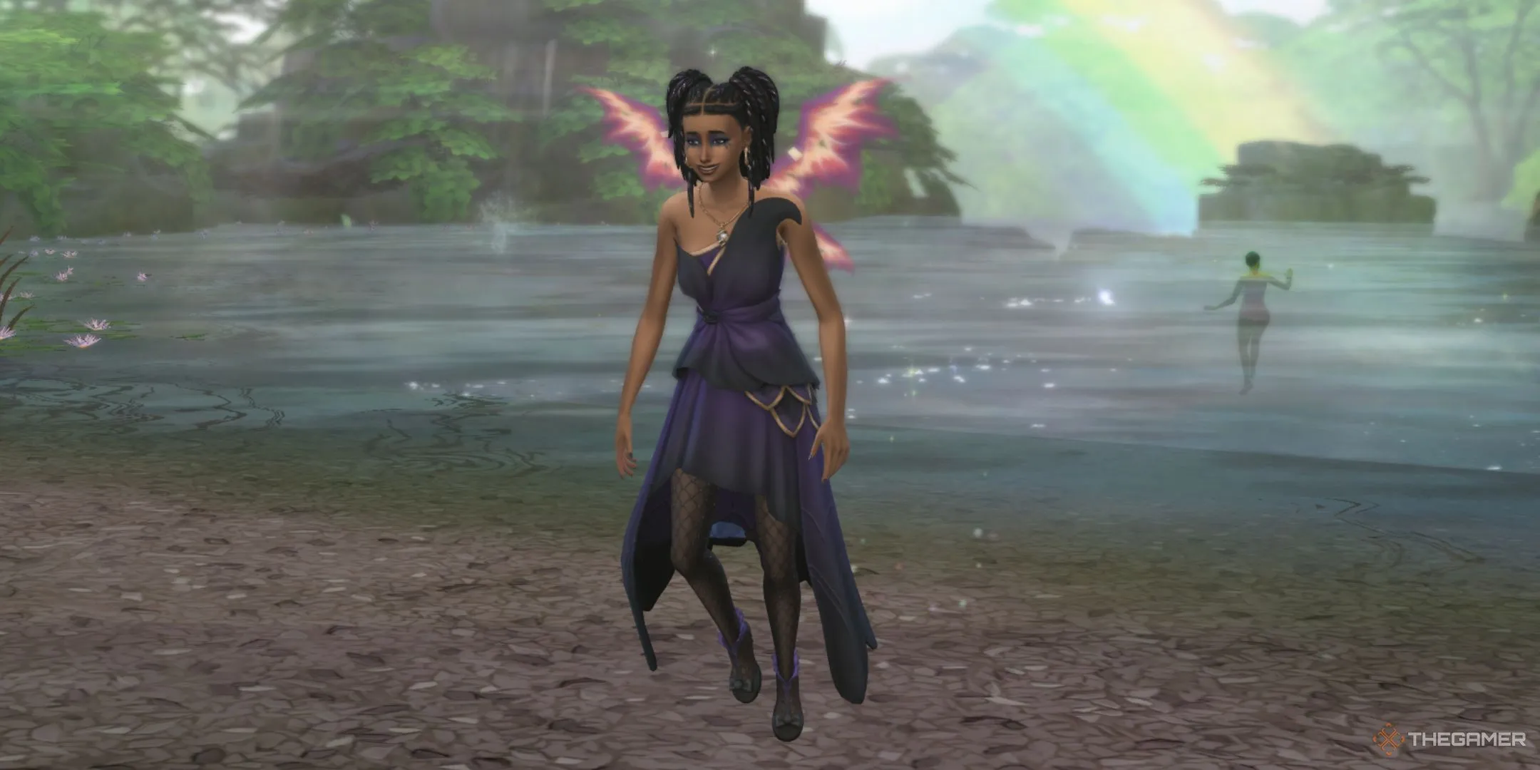 Một Tiên Tộc bước ra từ Moondrop Springs ở Everdew trong The Sims 4 Enchanted by Nature.