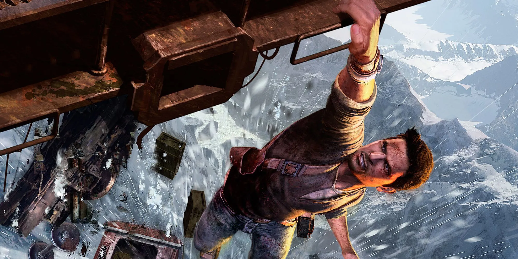 Nathan Drake trong khoảnh khắc nguy hiểm trên tàu hỏa đổ nát trong Uncharted 2: Among Thieves.