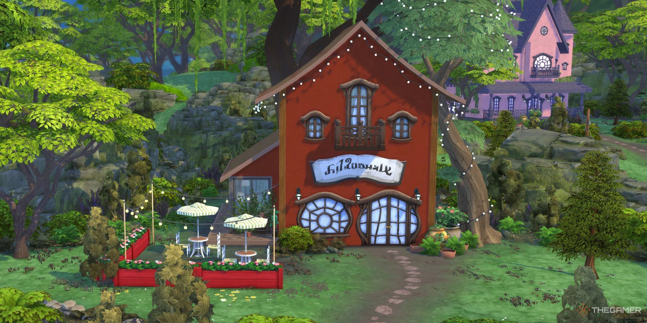 Ngoại thất hiệu sách ở khu Sprucederry Grove trong The Sims 4.