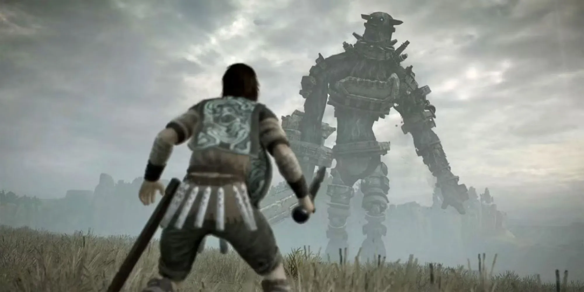 Người anh hùng Wander đối mặt với một Colossus khổng lồ, thể hiện sự hùng vĩ và thách thức của Shadow of the Colossus.
