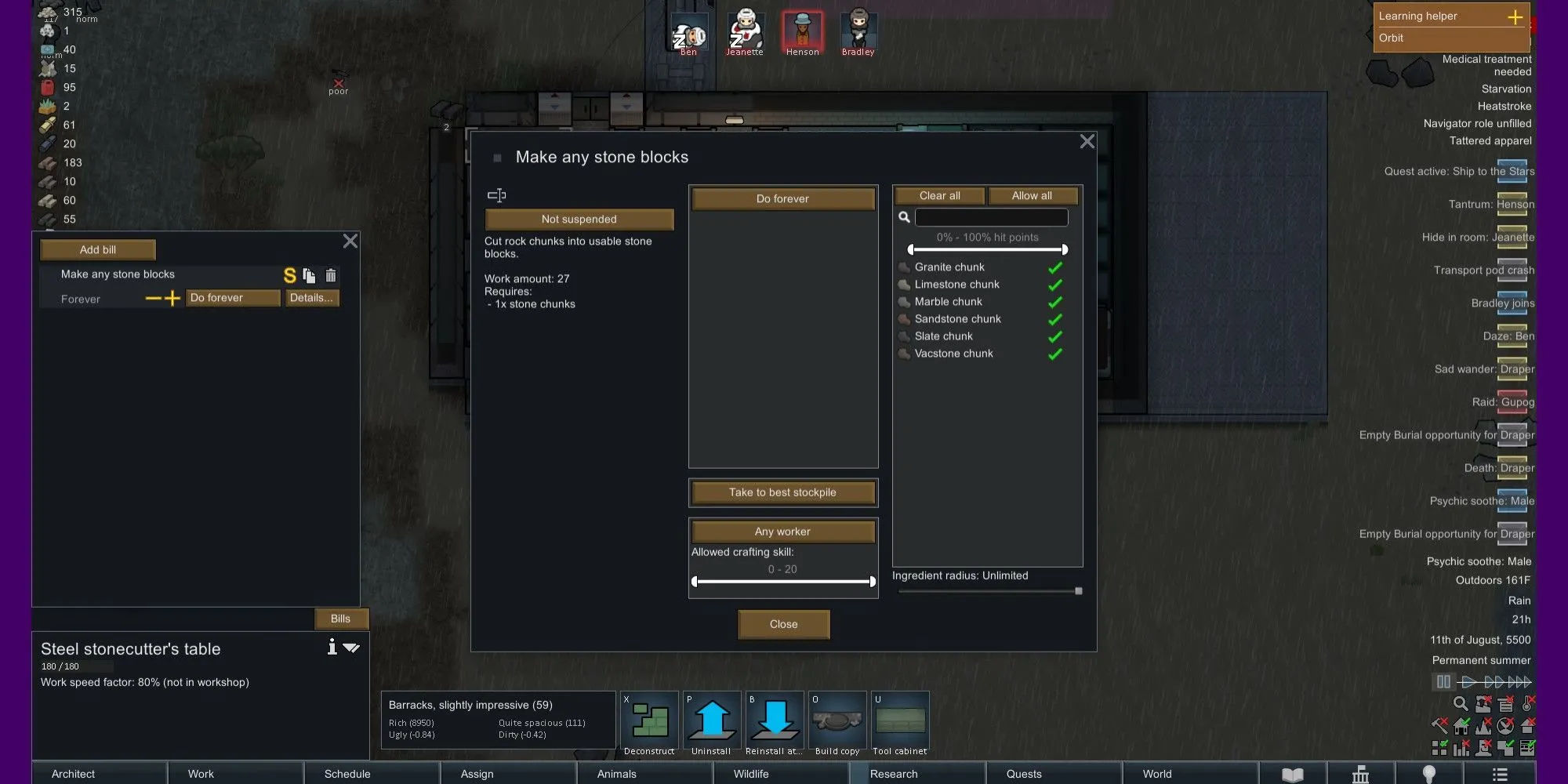 Người chơi xem tùy chọn chế tạo khối đá tại Bàn Chế Tác Đá (Stonecutter's Table) trong RimWorld