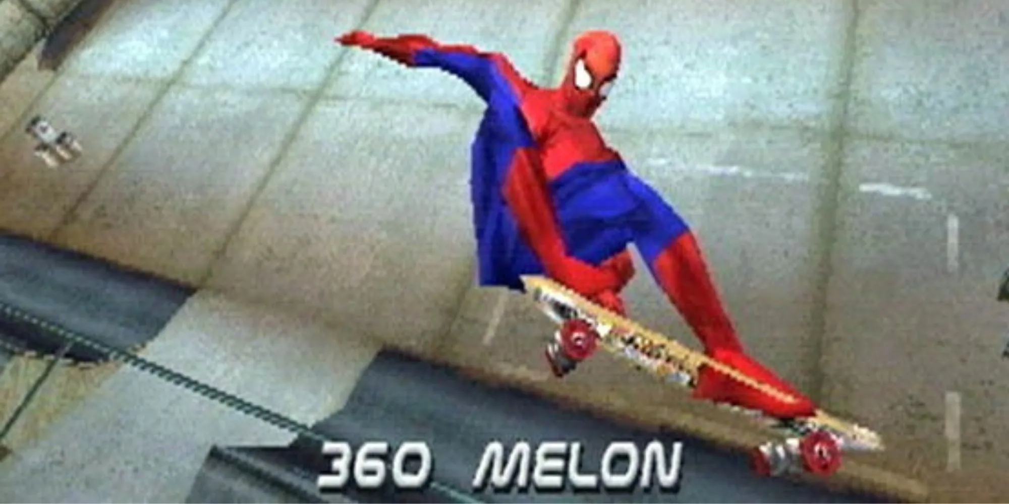 Người Nhện Spider-Man đang thực hiện cú trick grab trên half-pipe trong Tony Hawk's Pro Skater 2.