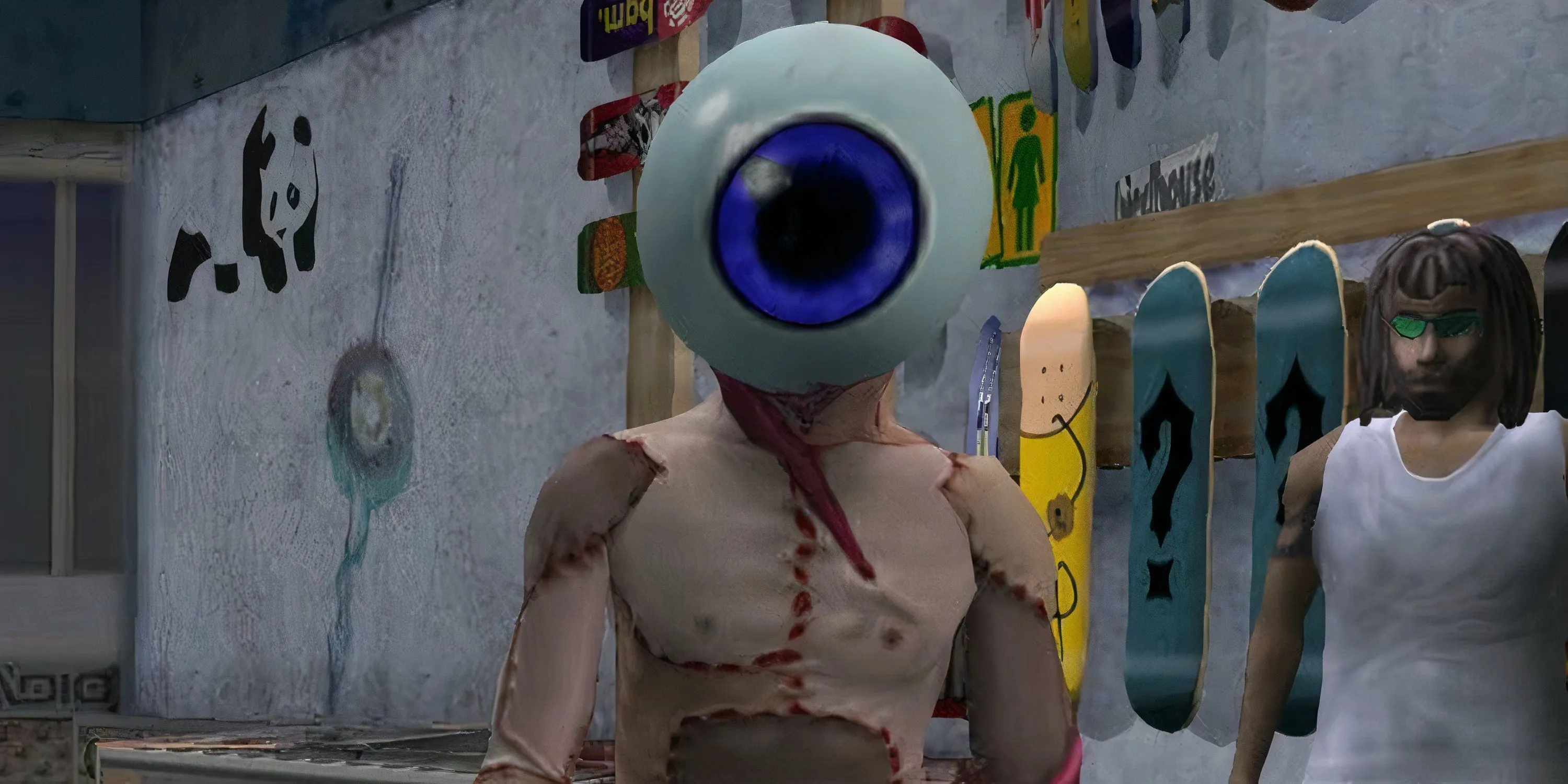 Nhân vật bí mật Neversoft Eyeball trong cửa hàng trượt ván của Tony Hawk's Pro Skater 3.