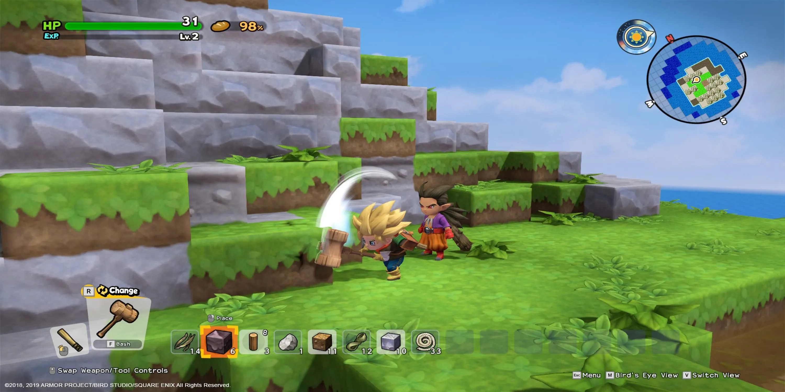 Nhân vật Builder vung búa đập vỡ khối vật liệu trong Dragon Quest Builders 2, thể hiện lối chơi xây dựng