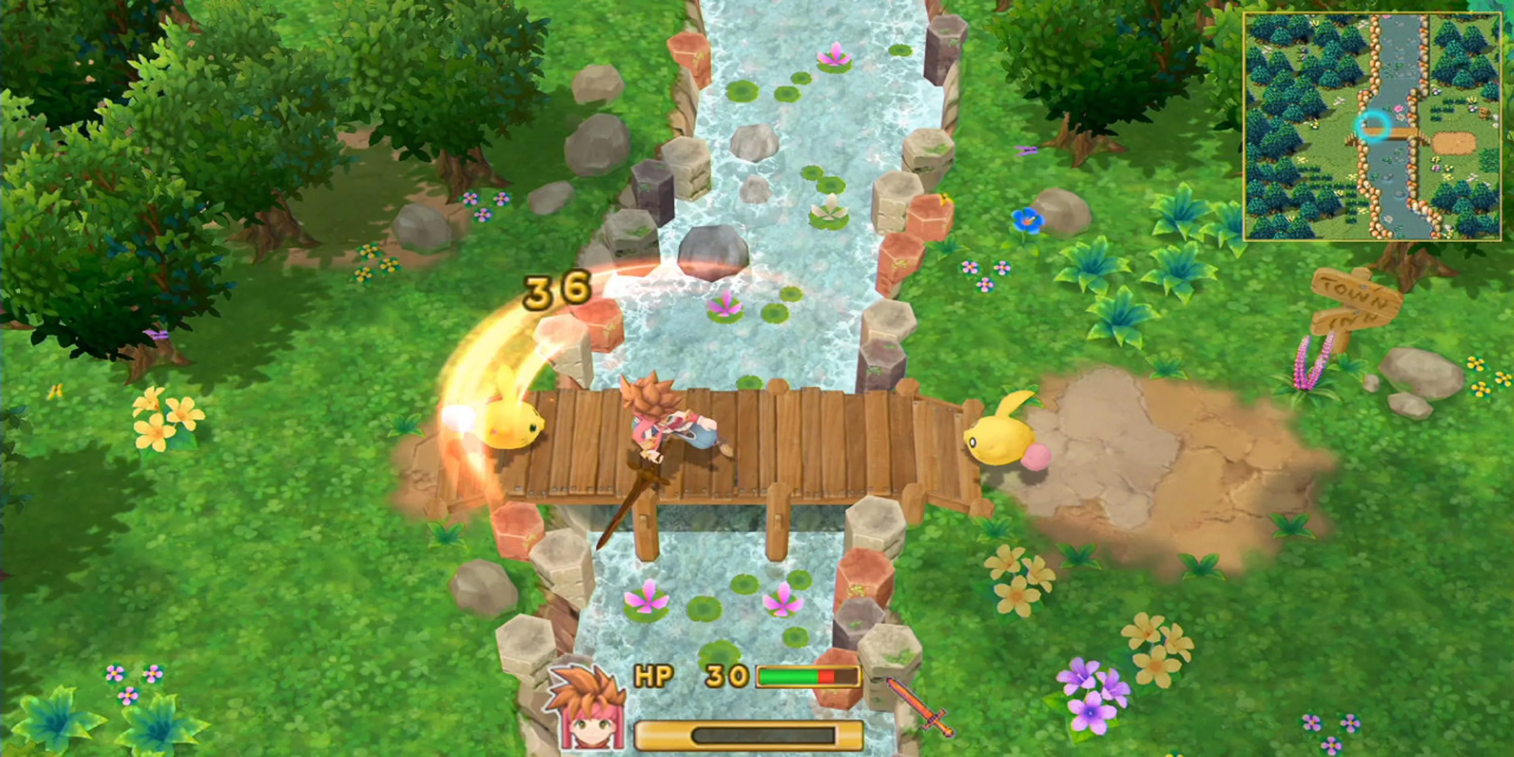 Nhân vật chính Randi vung kiếm chiến đấu với quái vật trong game Secret of Mana phiên bản 2018