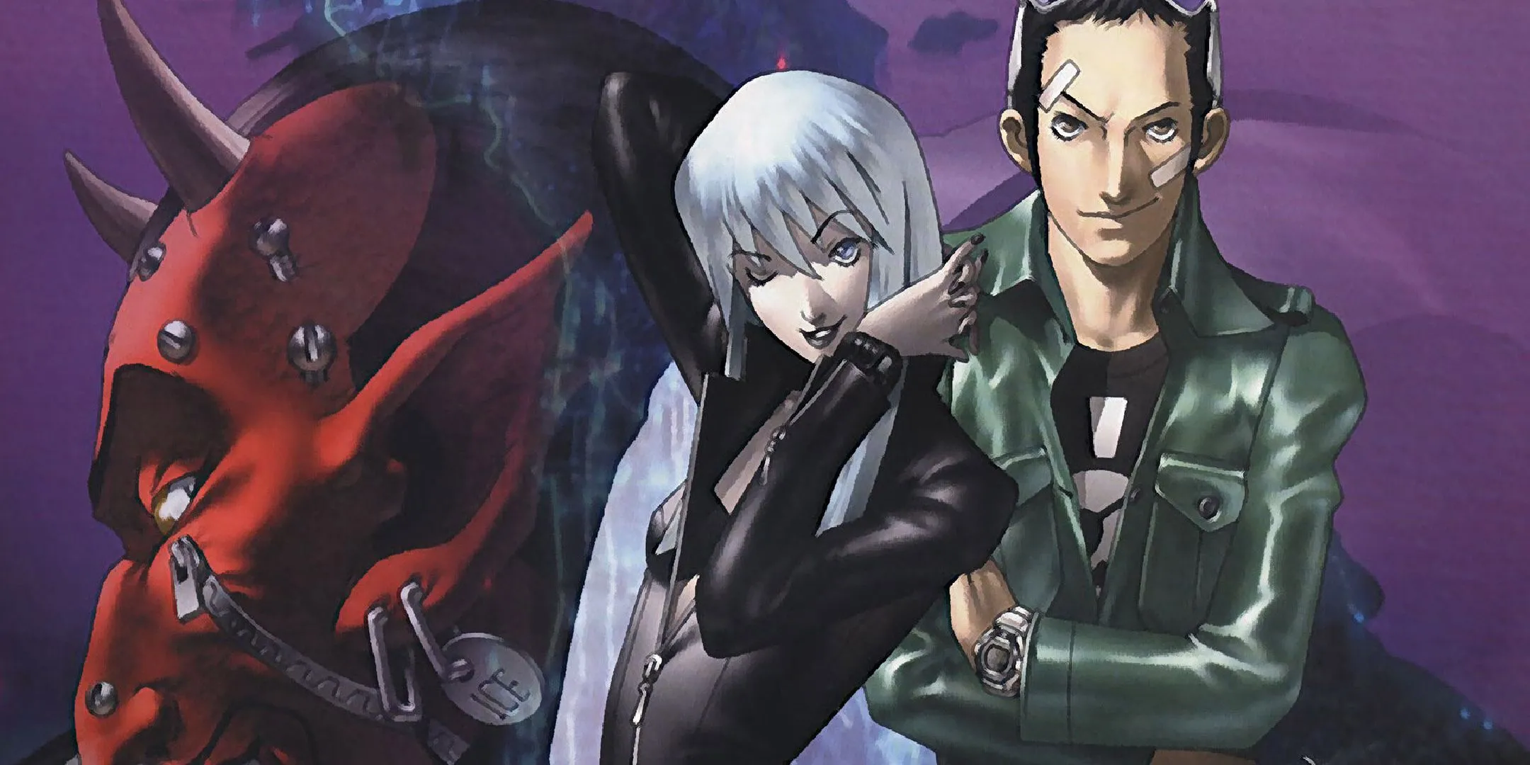 Nhân vật chính và Nemisa cùng một ác quỷ trong Soul Hackers, đại diện cho phong cách cyber-punk của game.