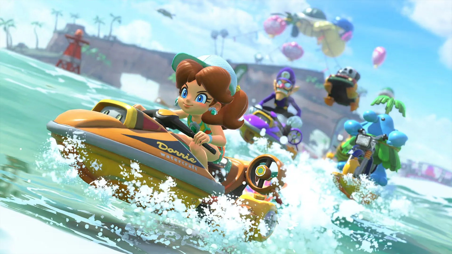 Nhân vật Daisy trong bộ đồ Sea-Doo, thể hiện sự đa dạng về trang phục và phương tiện trong Mario Kart World