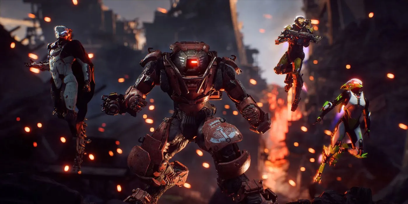 Nhân vật Freelancer bay lượn trên dung nham trong thế giới mở của Anthem, thể hiện gameplay hành động.