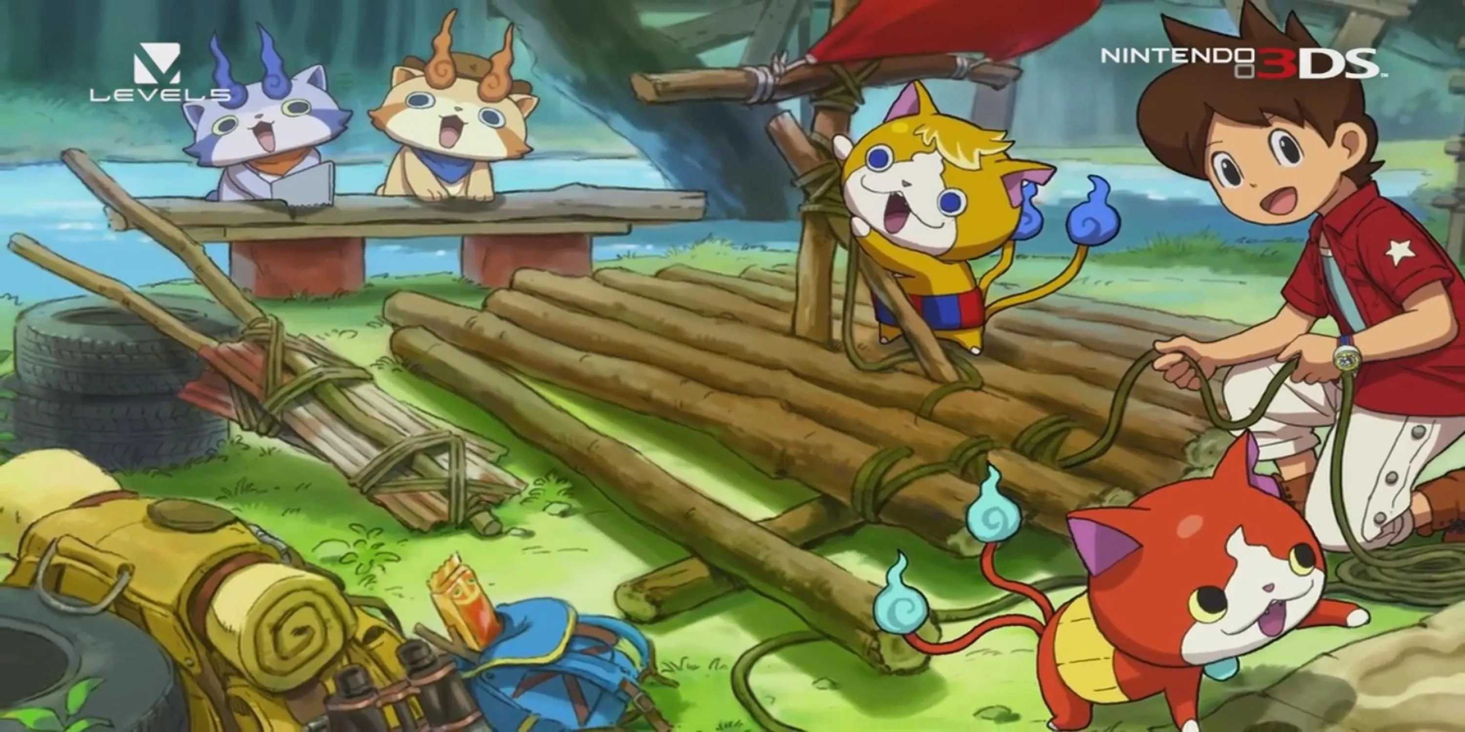 Nhân vật Hailey và Usapyon đang đóng bè gỗ cùng mèo con trong thế giới kỳ lạ của Yo-kai Watch 3