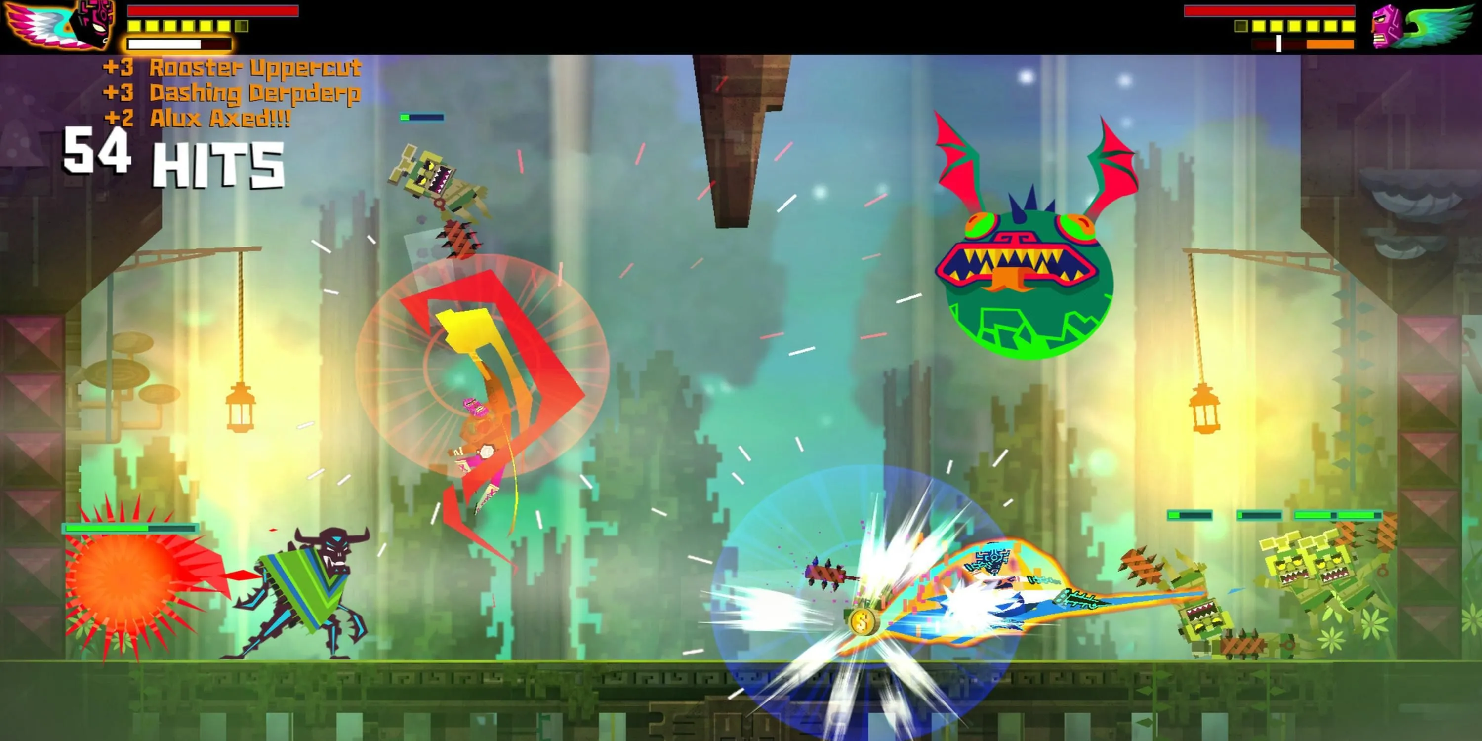 Nhân vật Juan trong trang phục luchador đang tung cú đấm mạnh mẽ vào kẻ thù bộ xương trong Guacamelee.