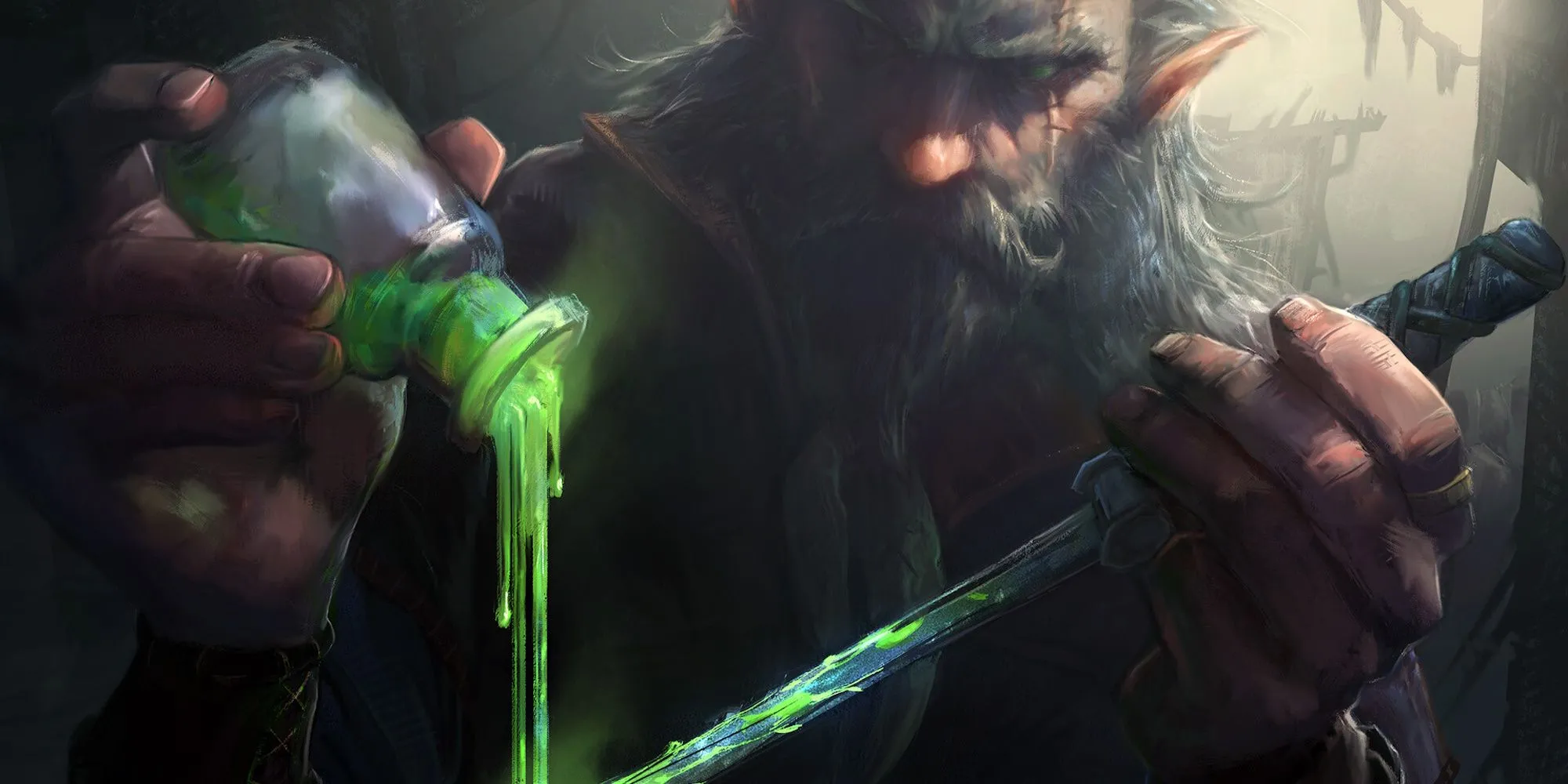 Nhân vật tẩm độc vào lưỡi kiếm, minh họa thay đổi của Feat Poisoner trong D&amp;D