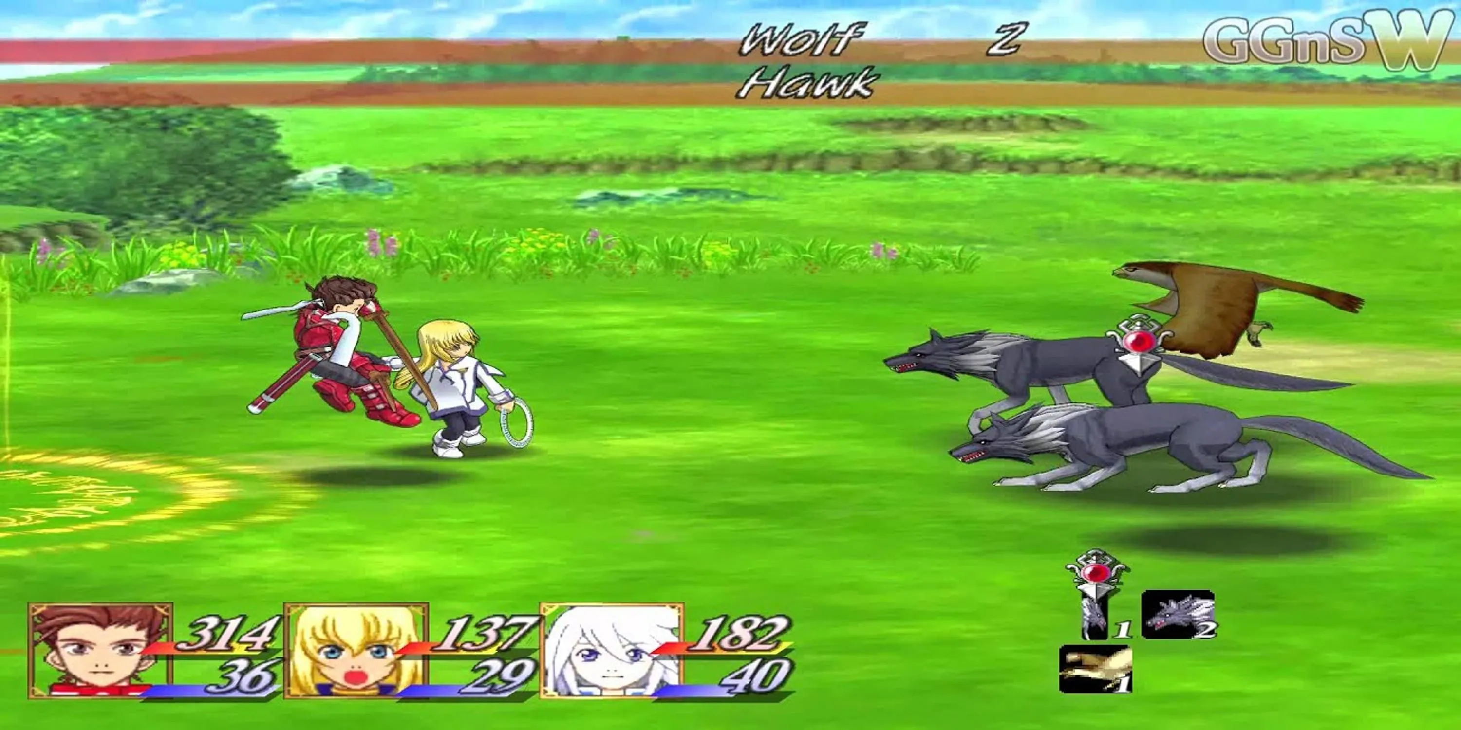 Nhóm nhân vật trong Tales of Symphonia đối đầu với sói và chim ưng, minh họa hệ thống chiến đấu Linear Motion Battle sôi động.