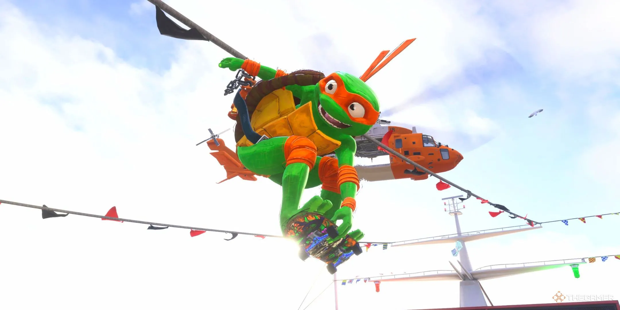 Ninja Rùa Michelangelo đang thực hiện kỹ năng trượt ván ấn tượng trên không trung trong Tony Hawk's Pro Skater 3+4.