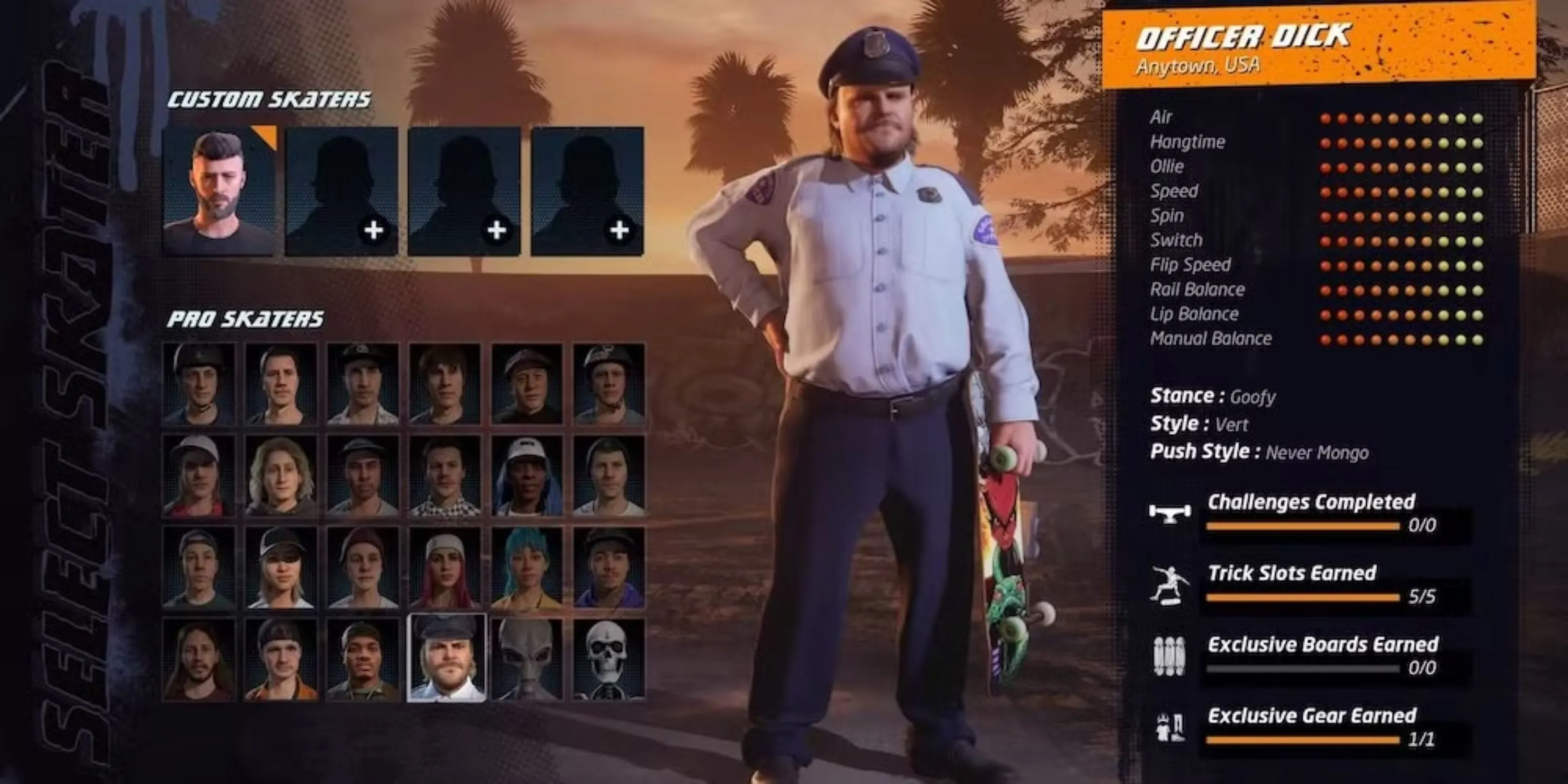 Officer Dick, nhân vật bí mật huyền thoại, trên màn hình chọn nhân vật của Tony Hawk's Pro Skater 1+2.