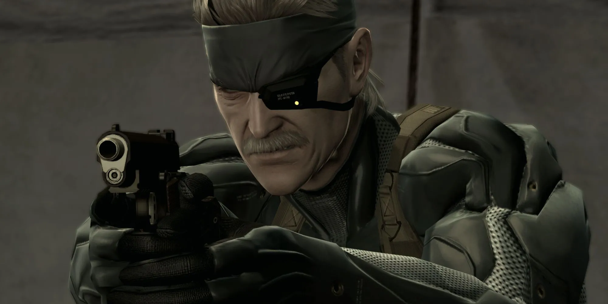 Old Snake đang nhắm súng trong Metal Gear Solid 4: Guns of the Patriots, một tựa game nổi tiếng với các cutscene dài và phức tạp.