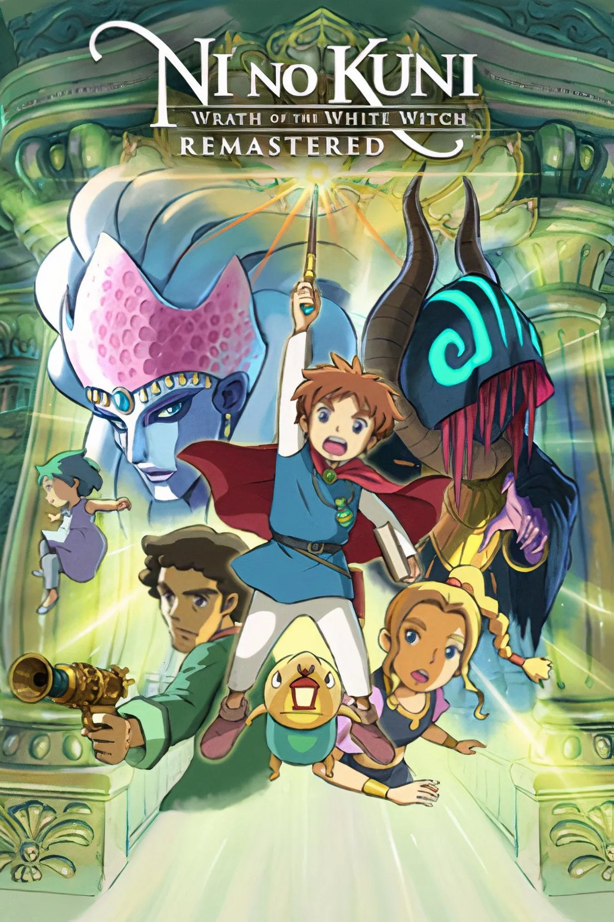 Oliver, nhân vật chính của Ni No Kuni: Wrath Of The White Witch, cùng với Drippy và các Familiar của mình trong một khung cảnh thế giới phép thuật đầy màu sắc, thể hiện sự hợp tác với Studio Ghibli.