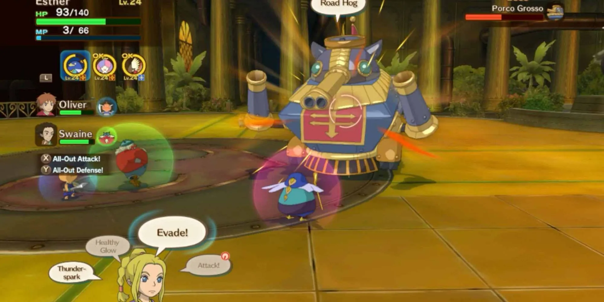 Oliver và familiar chiến đấu với robot trong thế giới kỳ diệu của Ni no Kuni Wrath of the White Witch