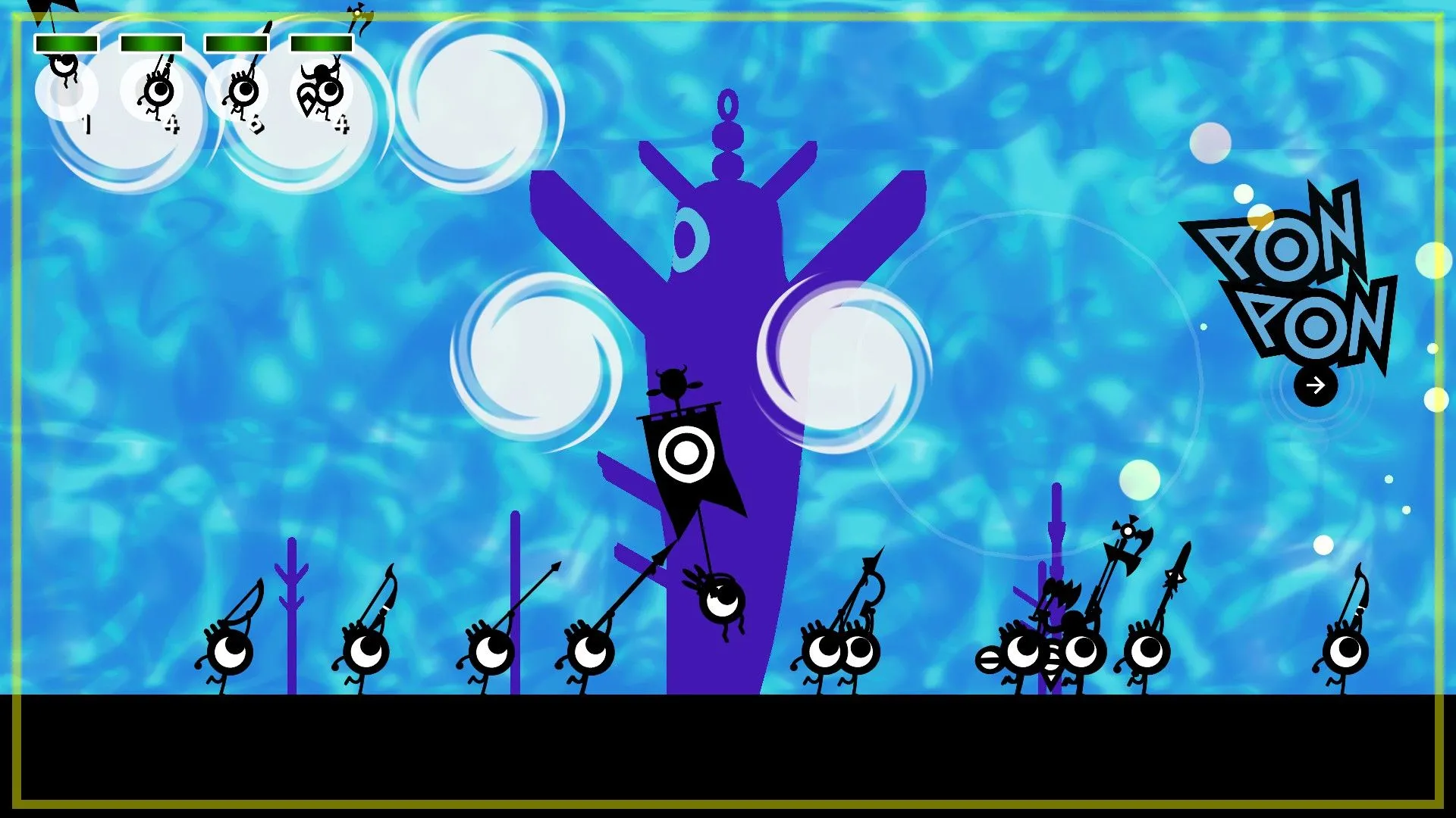 Patapon thực hiện điệu nhảy mưa trong Patapon 1+2 Replay, một cơ chế nhịp điệu quan trọng