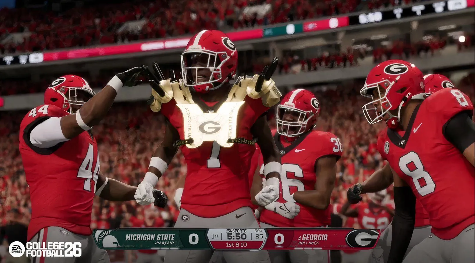 Pha tranh chấp bóng căng thẳng trên sân trong EA Sports College Football 26, cho thấy sự phức tạp của gameplay phòng ngự.