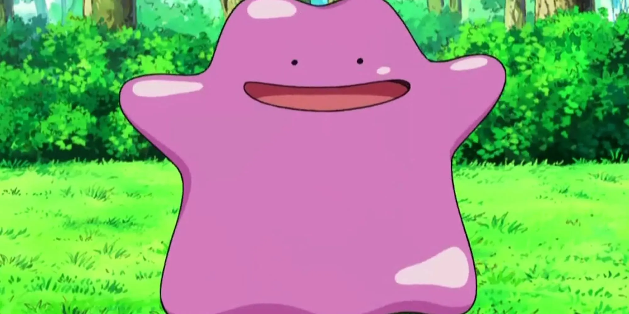 Pokemon Ditto đứng trên đồng cỏ với biểu cảm ngộ nghĩnh