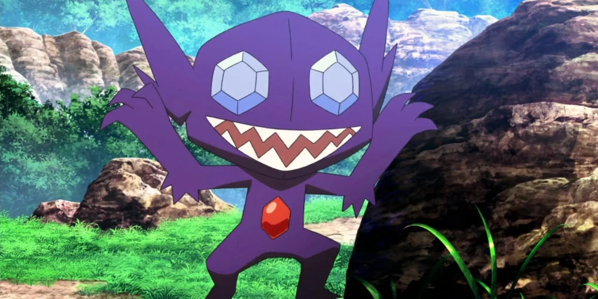 Pokemon Sableye bất ngờ xuất hiện từ sau tảng đá trong anime Pokemon