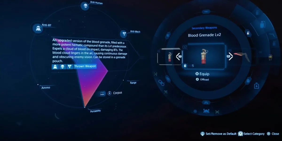 Quả lựu đạn máu Lv2 tạo ra đám mây sương mù màu đỏ trong Death Stranding 2, gây sát thương liên tục cho BTs