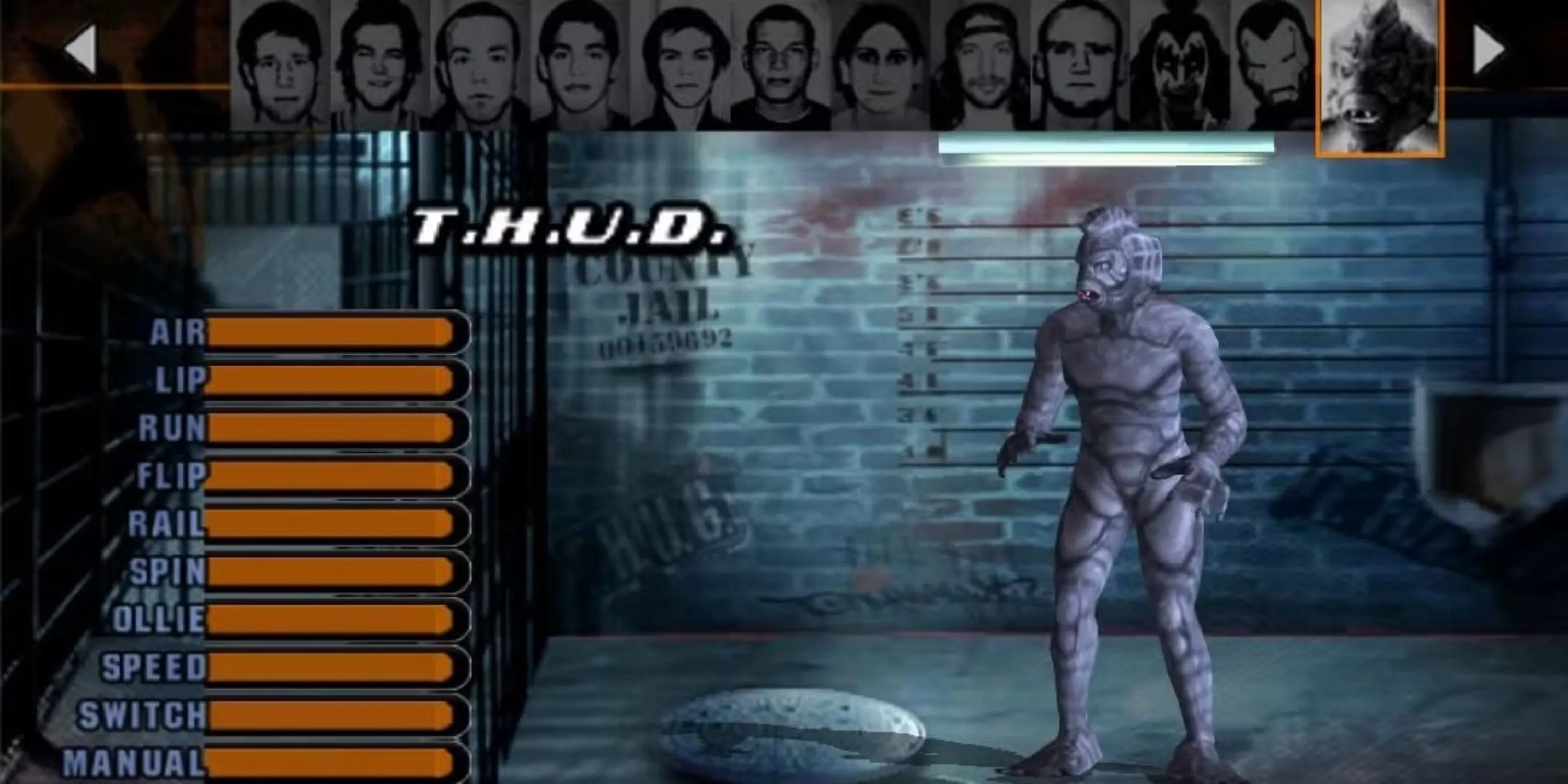 Quái vật T.H.U.D. đáng sợ xuất hiện trên màn hình chọn nhân vật trong Tony Hawk's Underground.