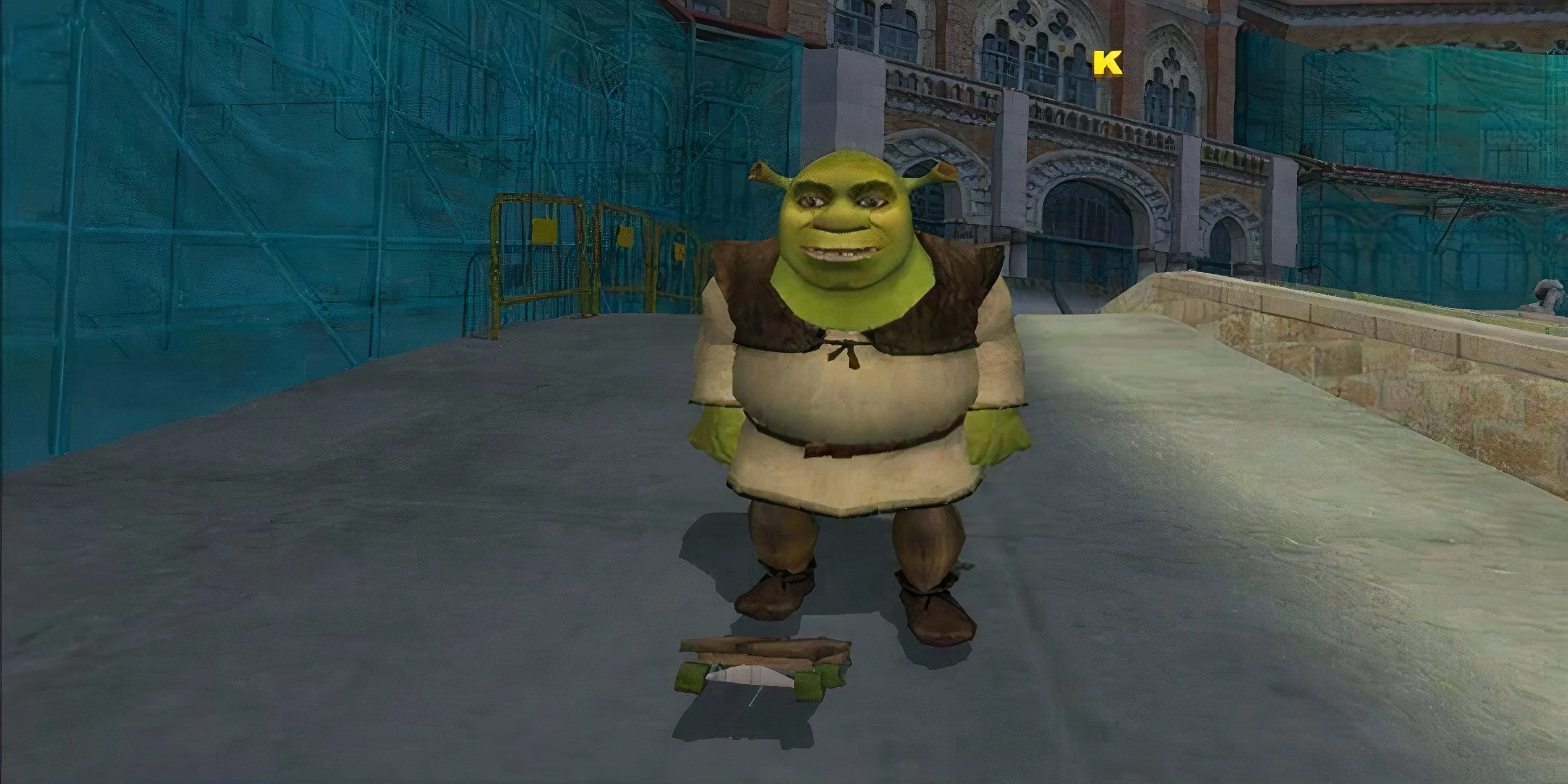 Quái vật xanh Shrek đầy hài hước đang đứng trên ván trượt trong Tony Hawk's Underground 2.