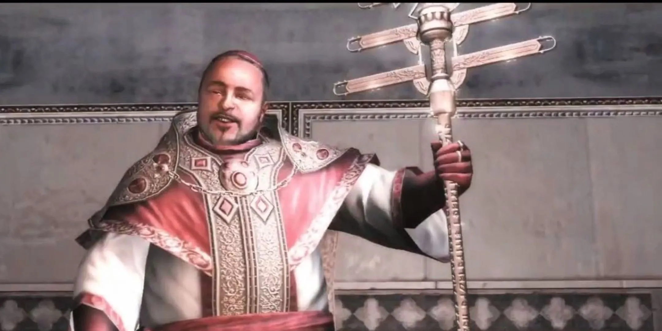 Rodrigo Borgia cầm Quyền Trượng Địa Đàng trong trận chiến cuối Assassin's Creed 2