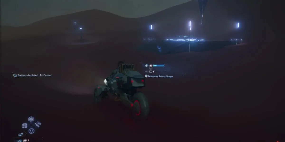 Sam đang sạc pin cho phương tiện bằng kỹ năng Sạc Xe Khẩn Cấp trong Death Stranding 2, giúp quản lý năng lượng hiệu quả