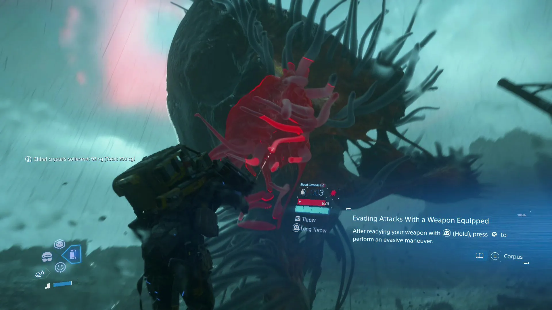 Sam ném Lựu đạn Máu vào Giant BT trong Death Stranding 2, minh họa điểm yếu và cách gây sát thương