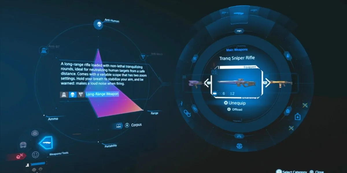 Sam Porter Bridges ngắm bắn bằng Súng trường bắn tỉa Tranq trong Death Stranding 2, chuyên dùng để vô hiệu hóa kẻ địch từ xa