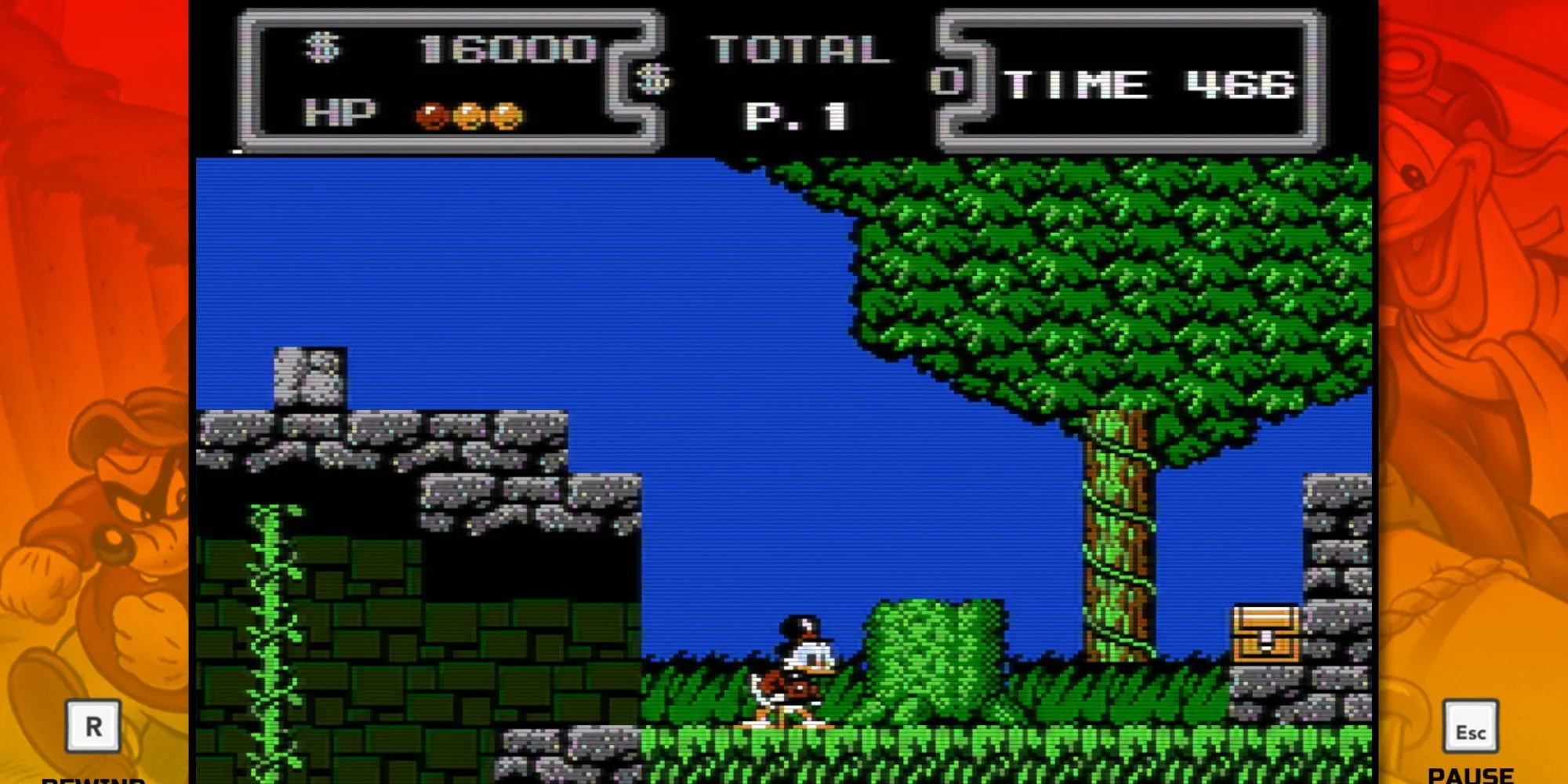 Scrooge McDuck nhảy trên cây gậy biểu tượng trong game DuckTales kinh điển của Capcom.