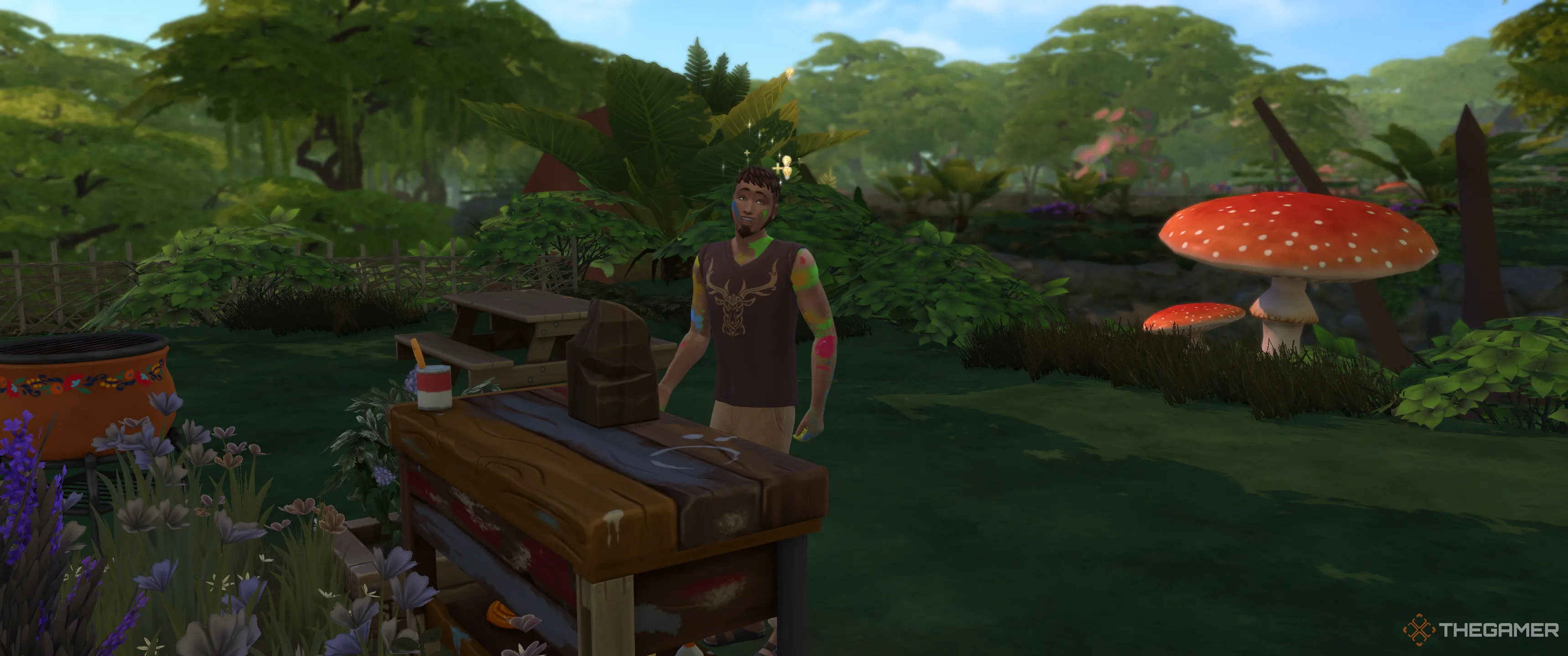 Sim mắc bệnh Cơn Bốc Đồng Sáng Tạo đang chế tạo đồ vật trong The Sims 4: Enchanted By Nature.