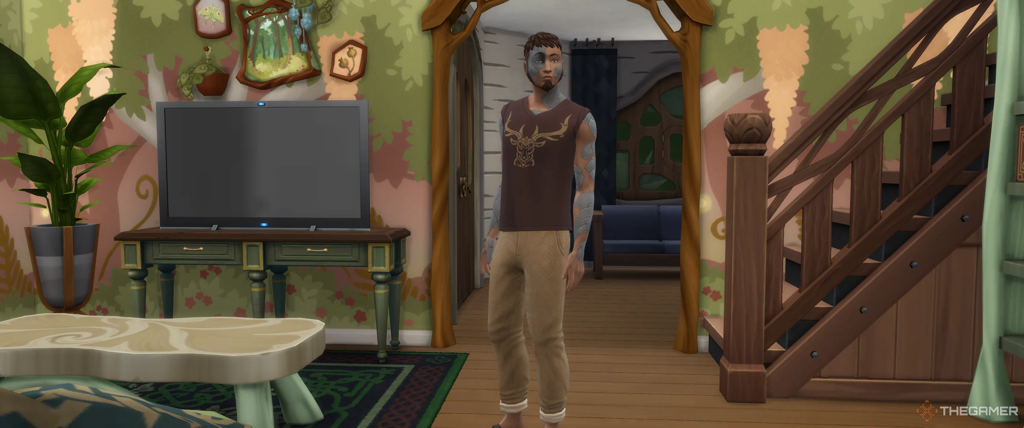 Sim với bệnh Hố Đen Cảm Xúc ngồi trong phòng khách trong The Sims 4: Enchanted By Nature.