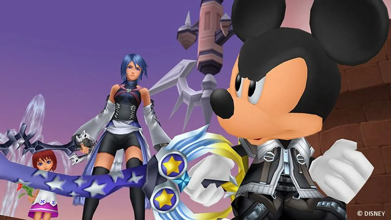 Sora cầm Keyblade chiến đấu trong một môi trường được lấy cảm hứng từ Disney, biểu tượng cho gameplay hành động RPG của Kingdom Hearts.