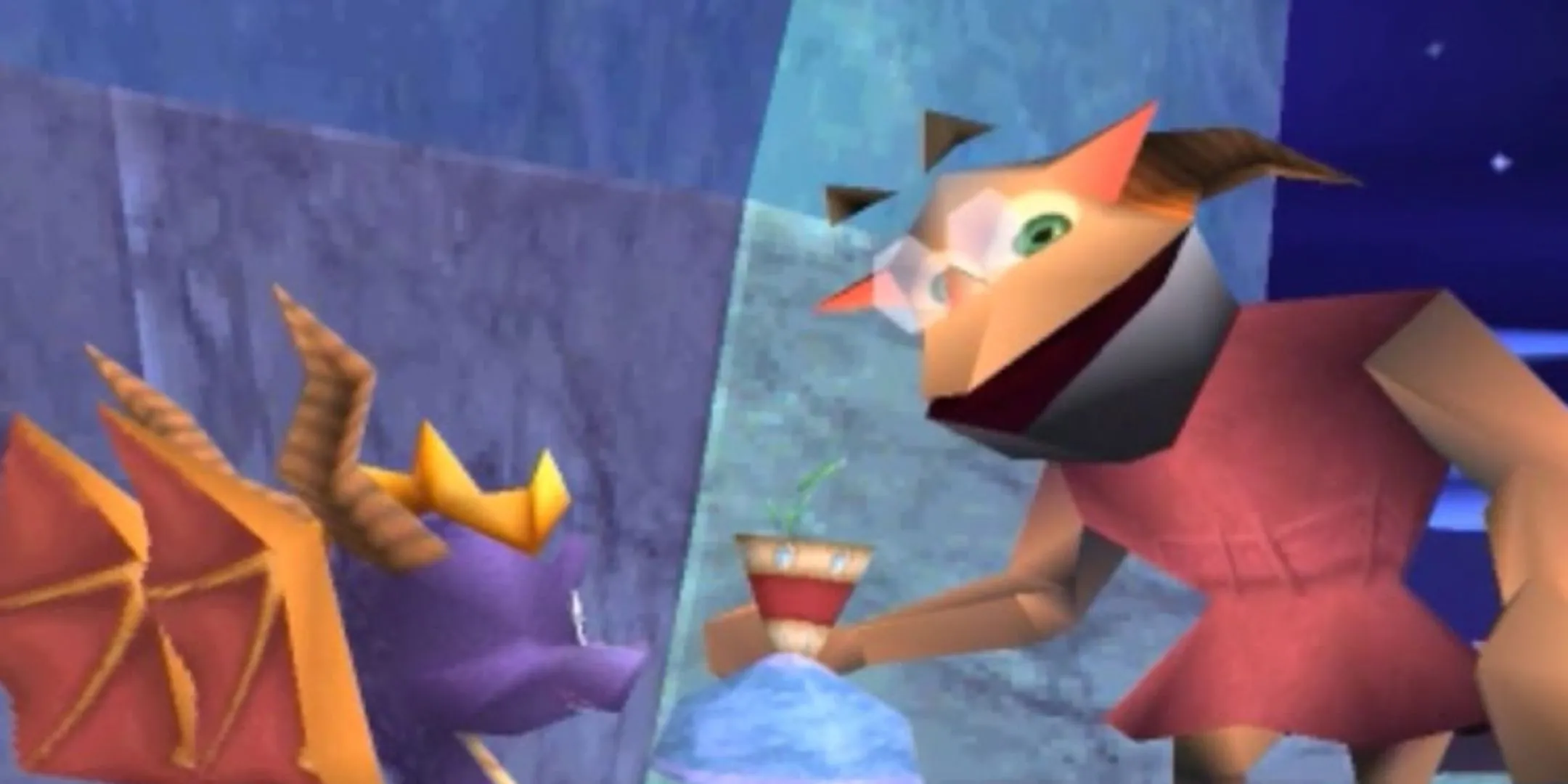 Spyro trong Spyro 2 cùng nhân vật Alchemist, gợi nhắc nhiệm vụ hộ tống khó chịu