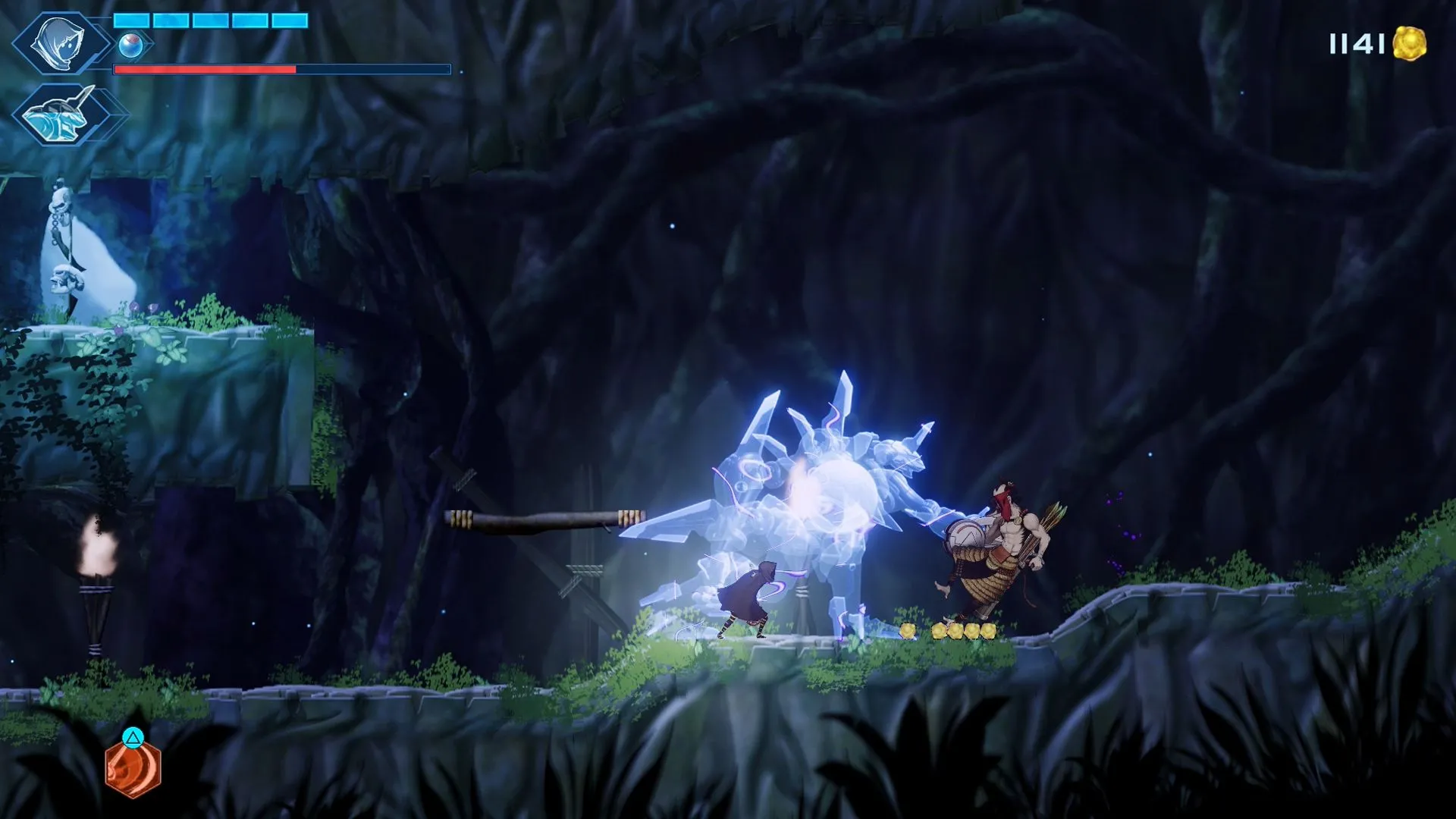 Swordsman No. 8 thực hiện cơ chế tiêu thụ kẻ thù để thu thập tài nguyên trong Shadow Labyrinth