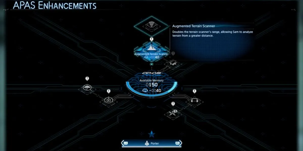 Tầm nhìn mở rộng của máy quét địa hình Odradek nhờ kỹ năng Augmented Terrain Scanner trong Death Stranding 2, giúp khám phá bản đồ hiệu quả