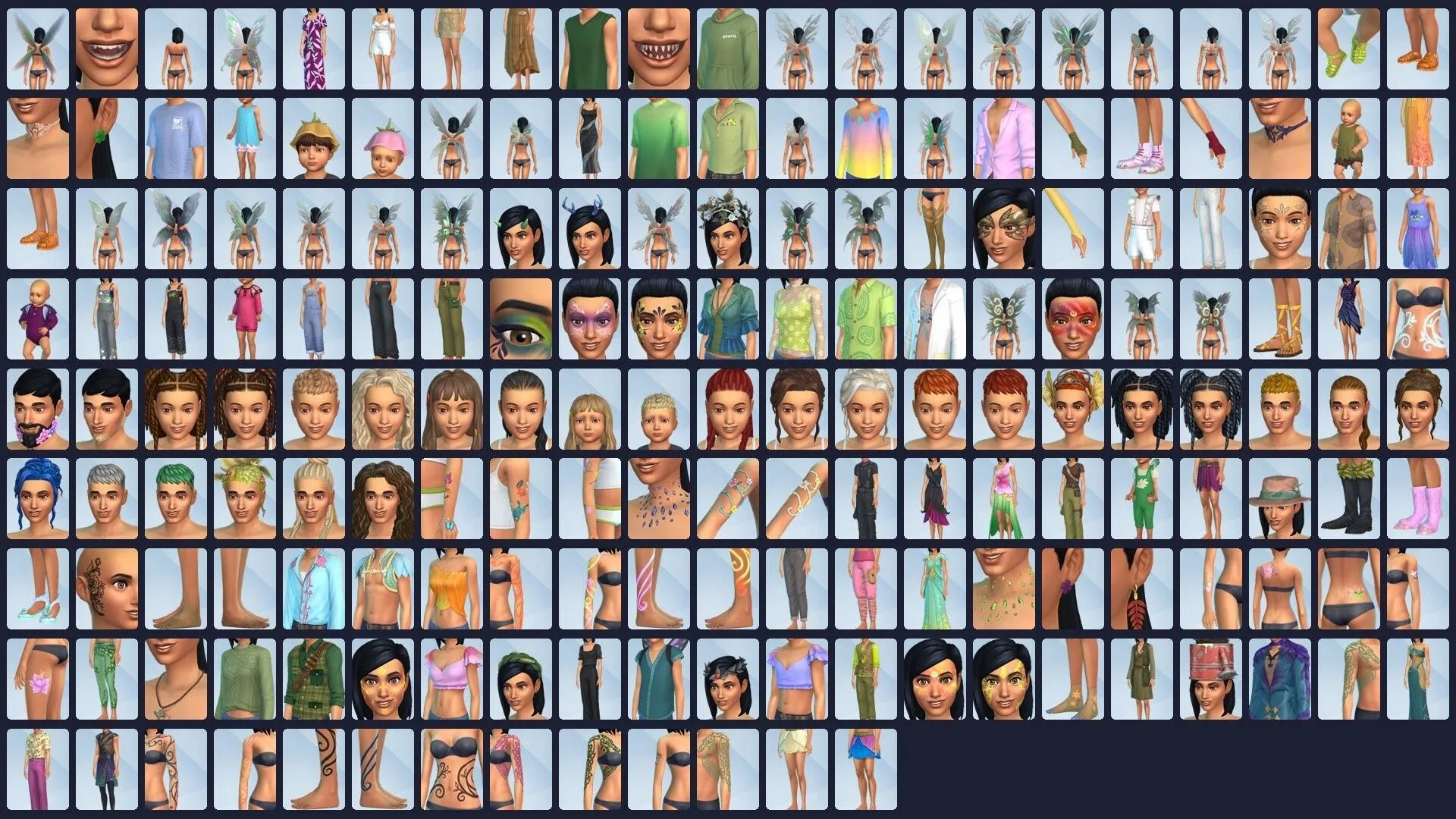 Tất cả các vật phẩm trong chế độ Tạo Sim (Create a Sim) của The Sims 4 Enchanted by Nature dưới dạng ảnh nhỏ.