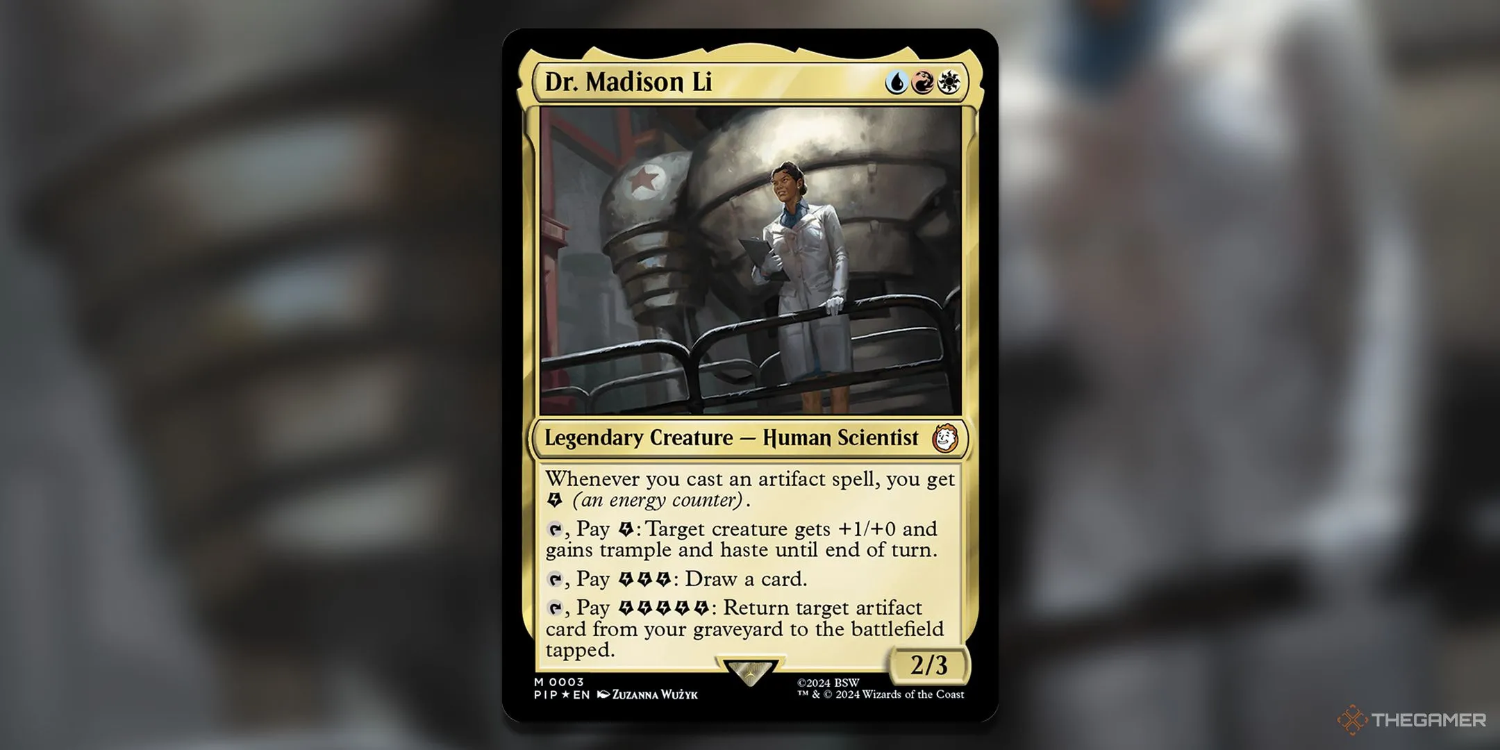 Thẻ bài Dr. Madison Li từ bộ bài Science! trong Magic: The Gathering, thể hiện cơ chế Năng lượng (Energy) đặc trưng.