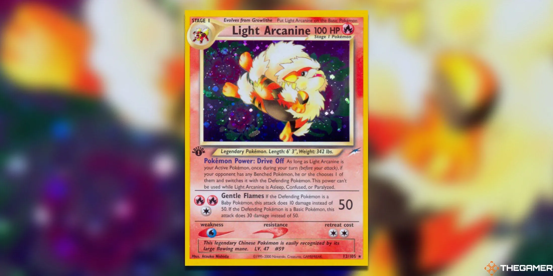 Thẻ bài Light Arcanine Holo Rare First Edition từ bộ Neo Destiny, nổi bật với giá trị cao và là một trong những thẻ Light Pokemon TCG được săn đón.