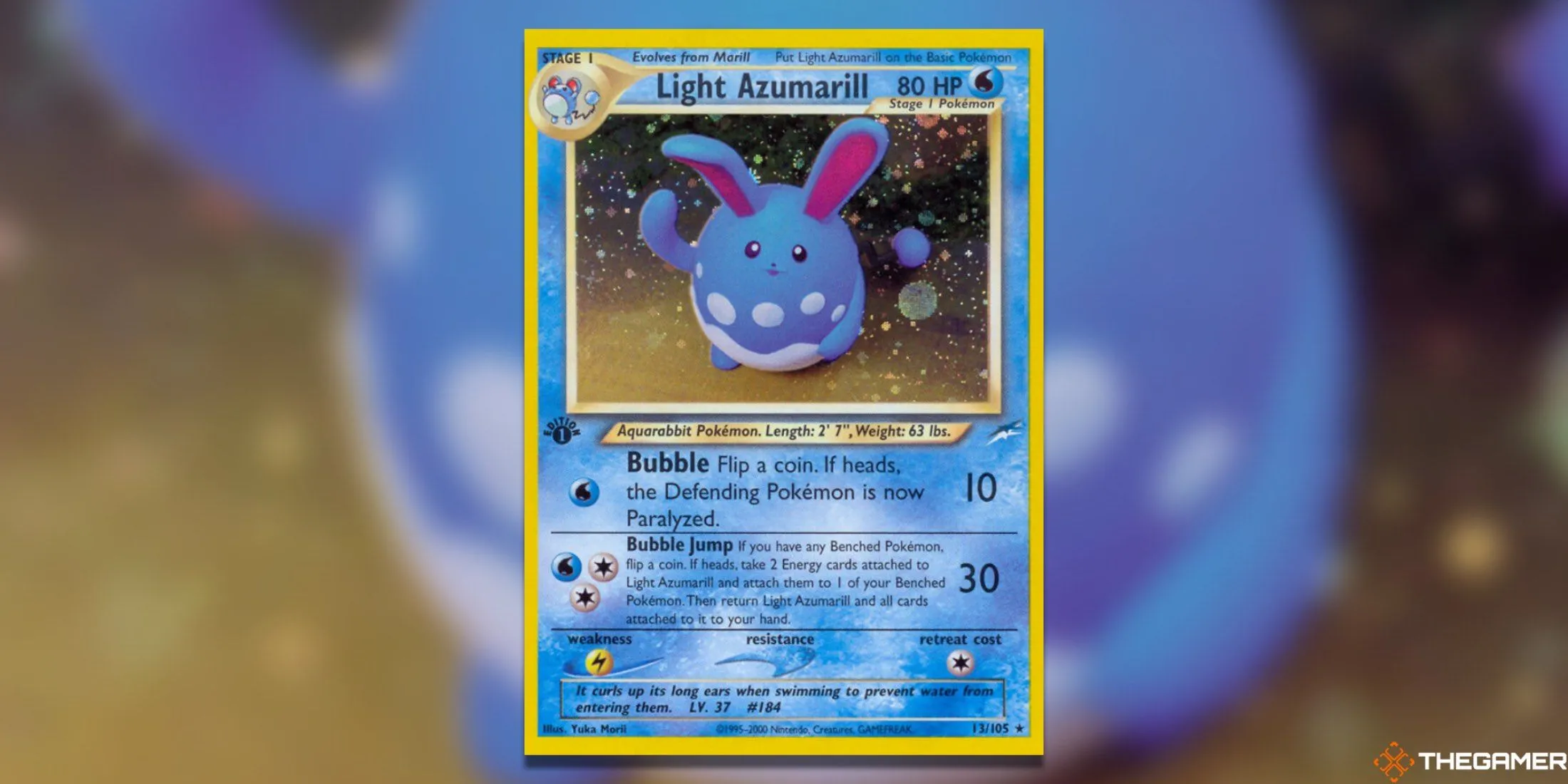 Thẻ bài Light Azumarill Holo Rare First Edition từ bộ Neo Destiny, với phong cách nghệ thuật đất sét độc đáo thu hút người sưu tầm Pokemon TCG.