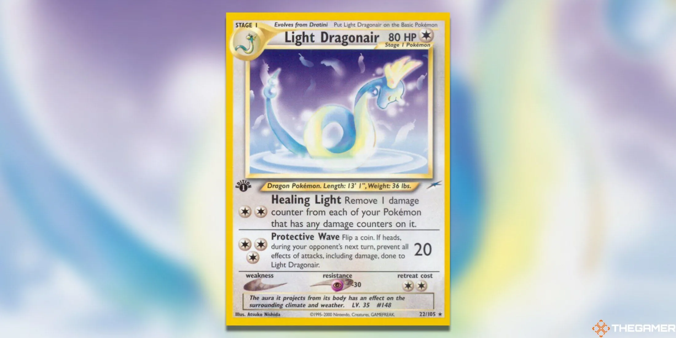 Thẻ bài Light Dragonair First Edition từ bộ Neo Destiny Pokemon TCG, minh họa Dragonair đang sử dụng chiêu thức Safeguard đầy ấn tượng.