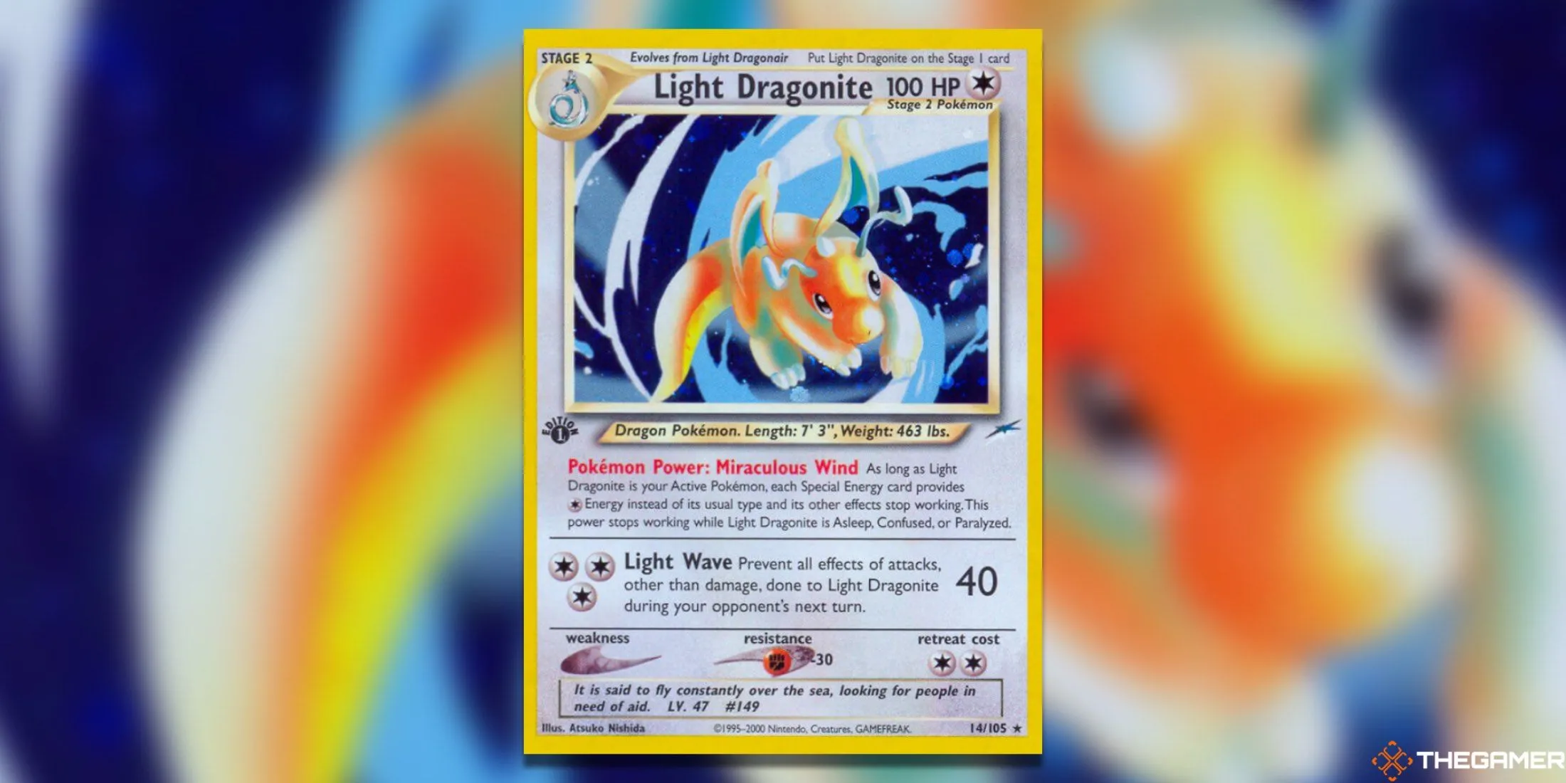 Thẻ bài Light Dragonite Holo Rare First Edition từ bộ Neo Destiny, dẫn đầu danh sách thẻ Light Pokemon TCG giá trị nhất.