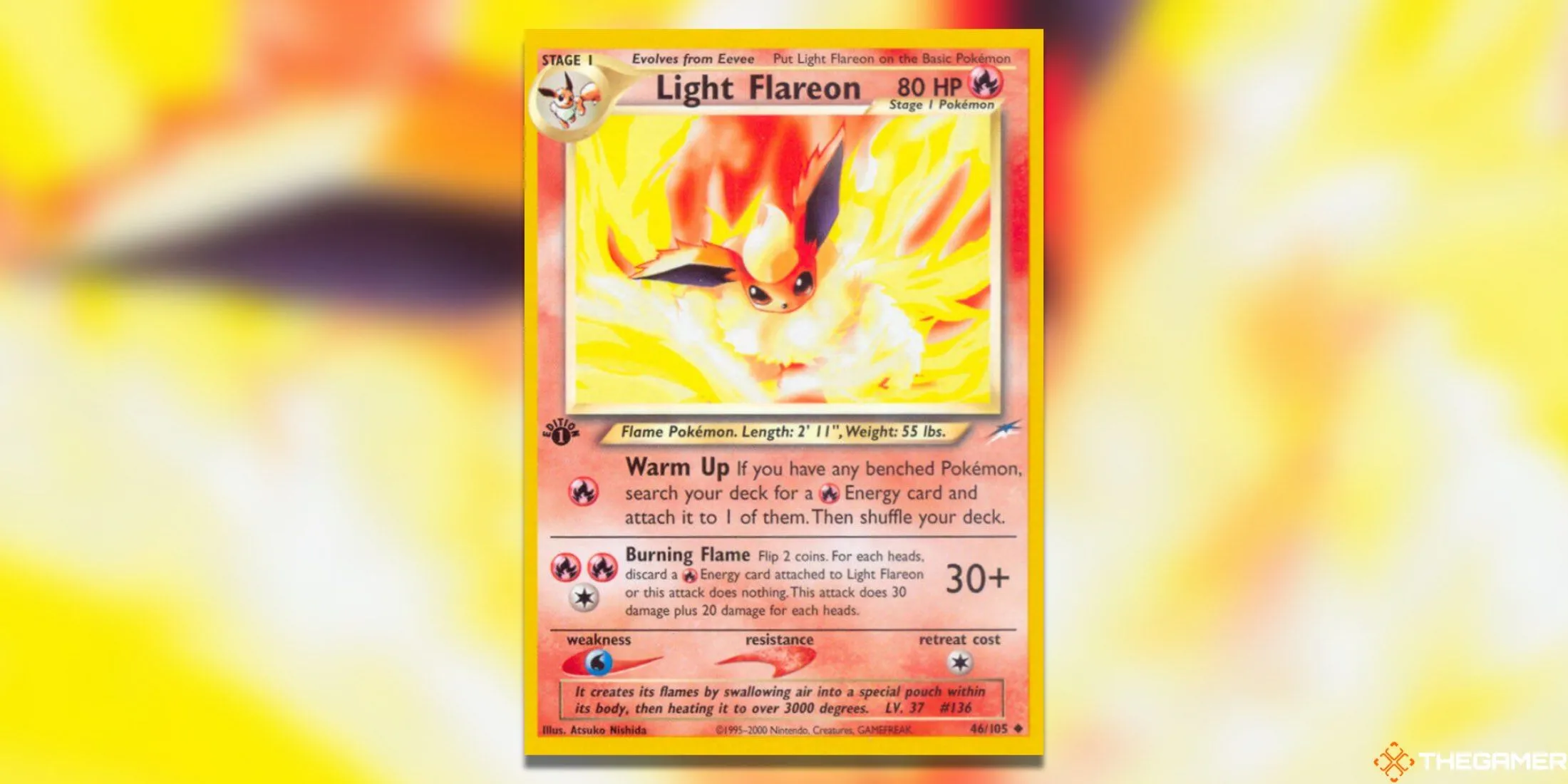 Thẻ bài Light Flareon First Edition từ bộ Neo Destiny Pokemon TCG, với artwork mạnh mẽ và rực rỡ tượng trưng cho sức nóng của thị trường.